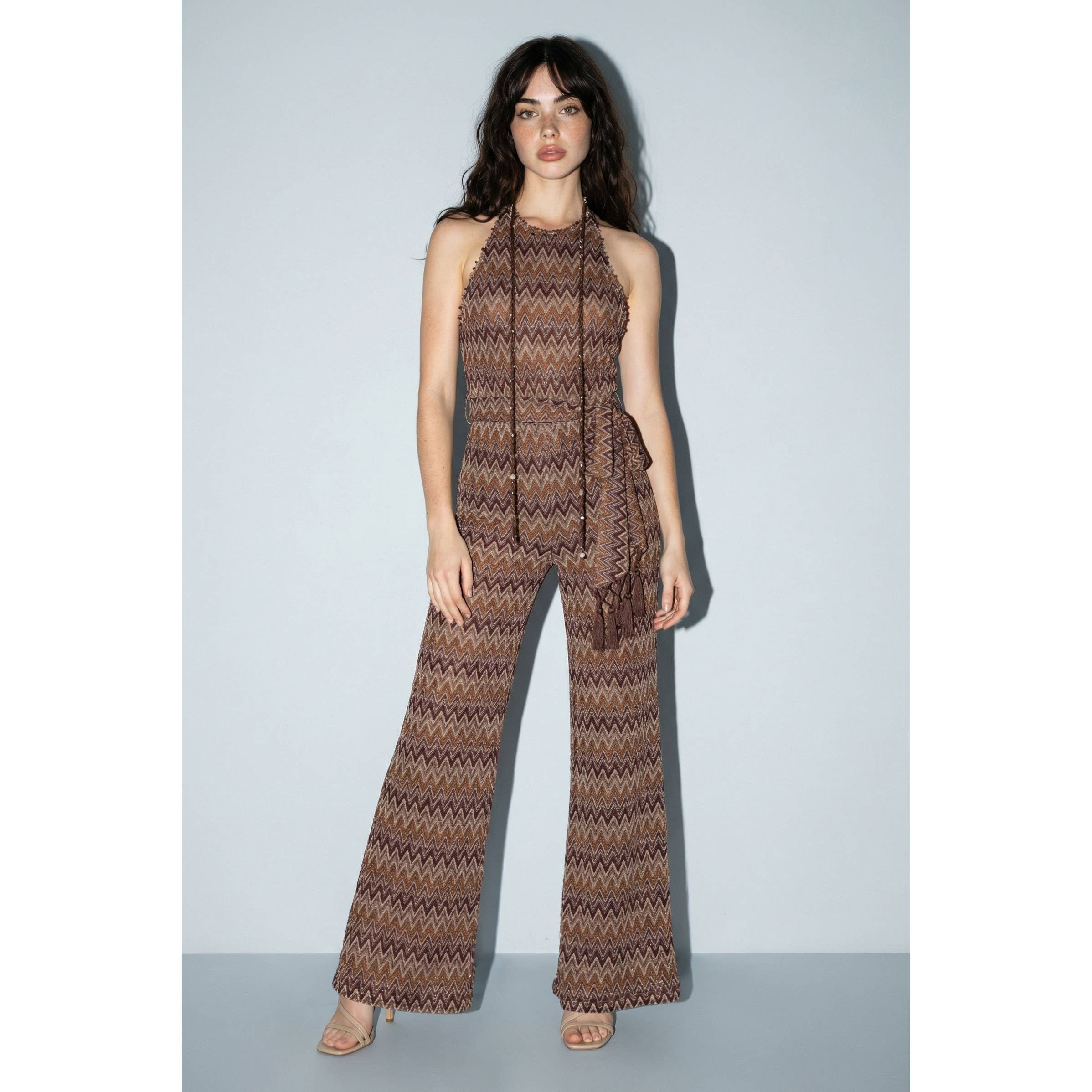 Chevron Halter Wide-Leg Jumpsuit