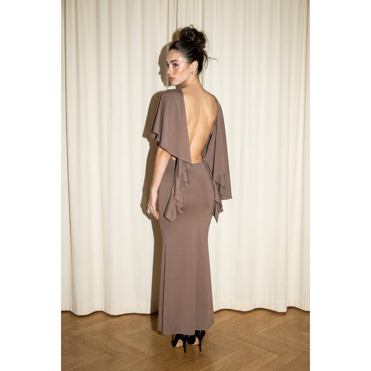 Draped Open Back Ruched Maxi Dress