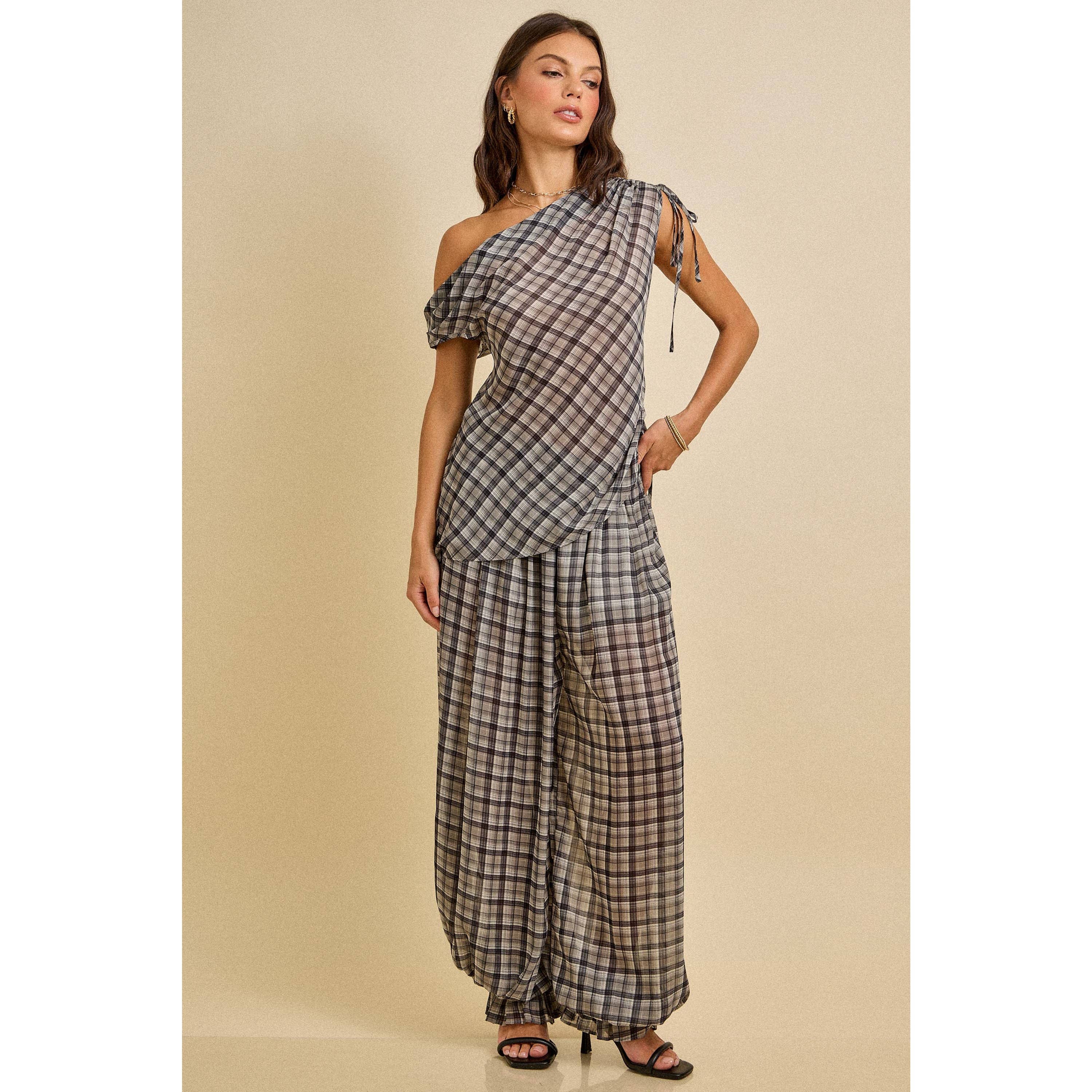 Spring One Shoulder Plaid Top & Wide Pants Set