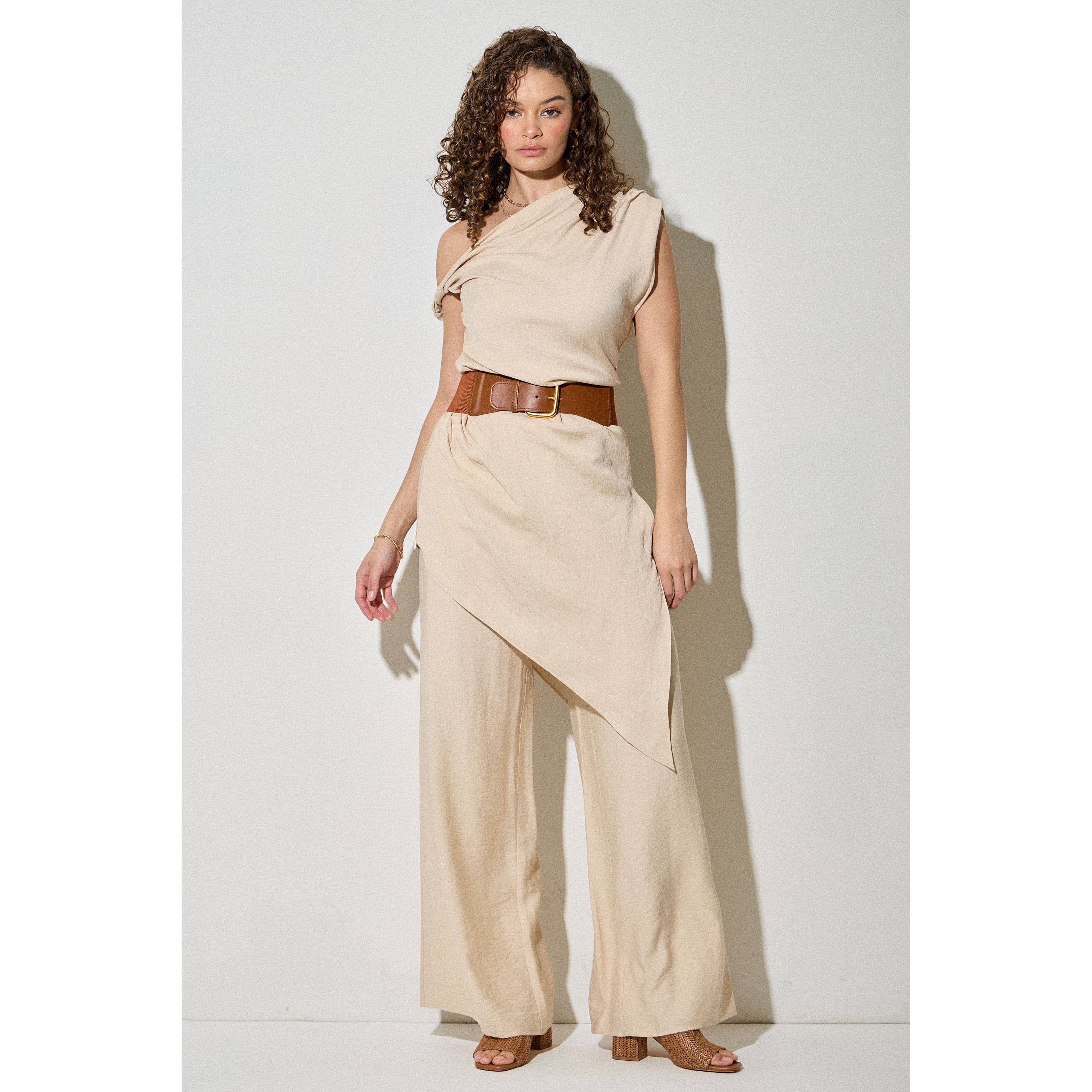 One Shoulder Asymmetrical Top and Wide Pants Set