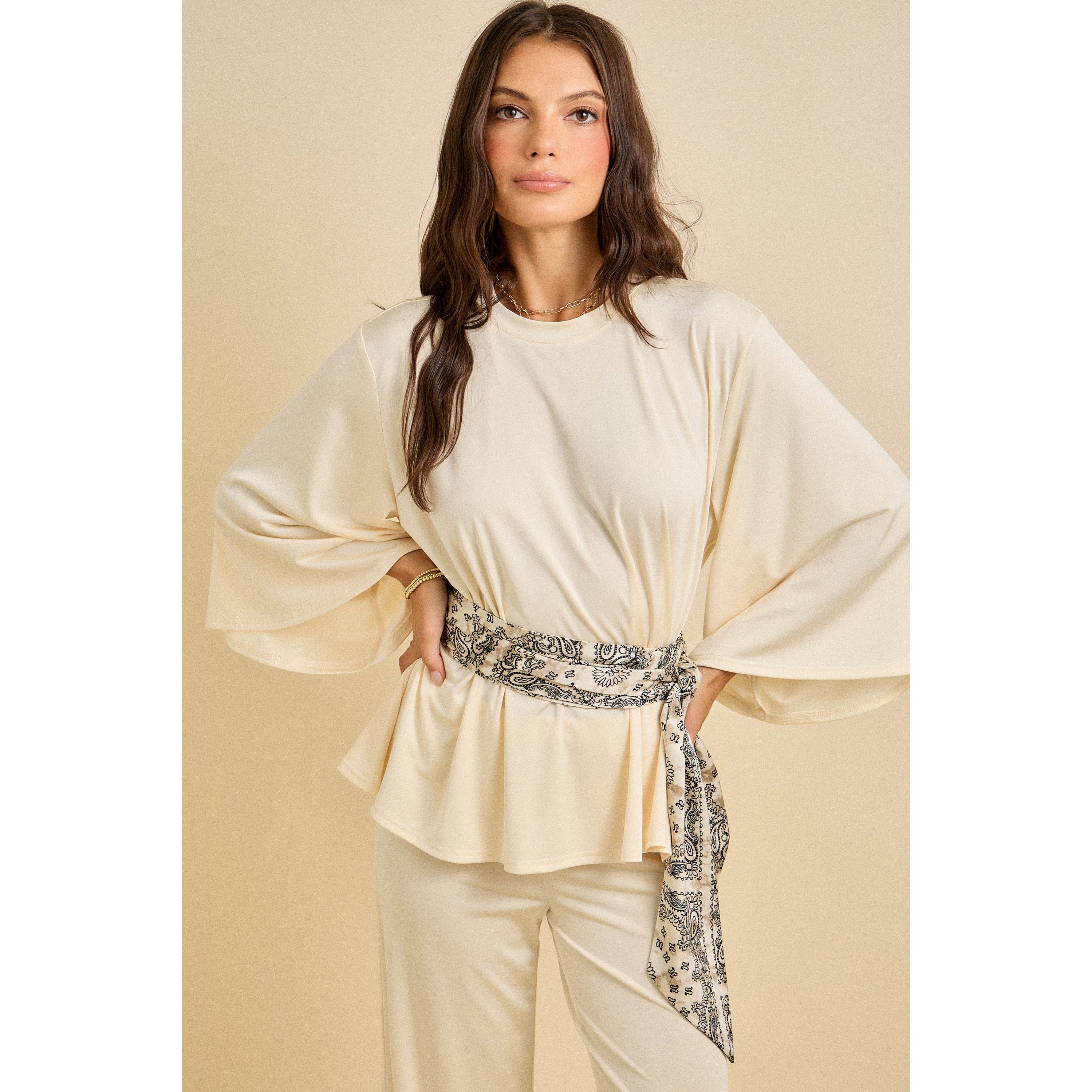 Spring Wide-Leg Pant Set with Scarf Belt