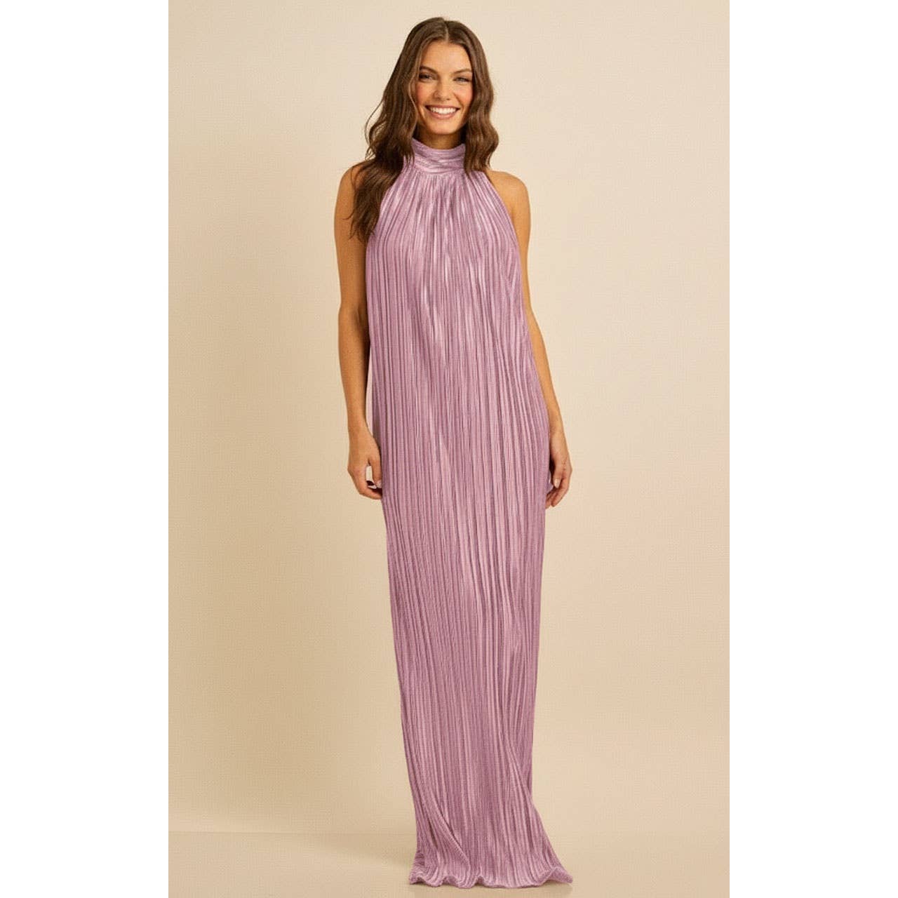 Spring Pleated Halter Maxi Dress