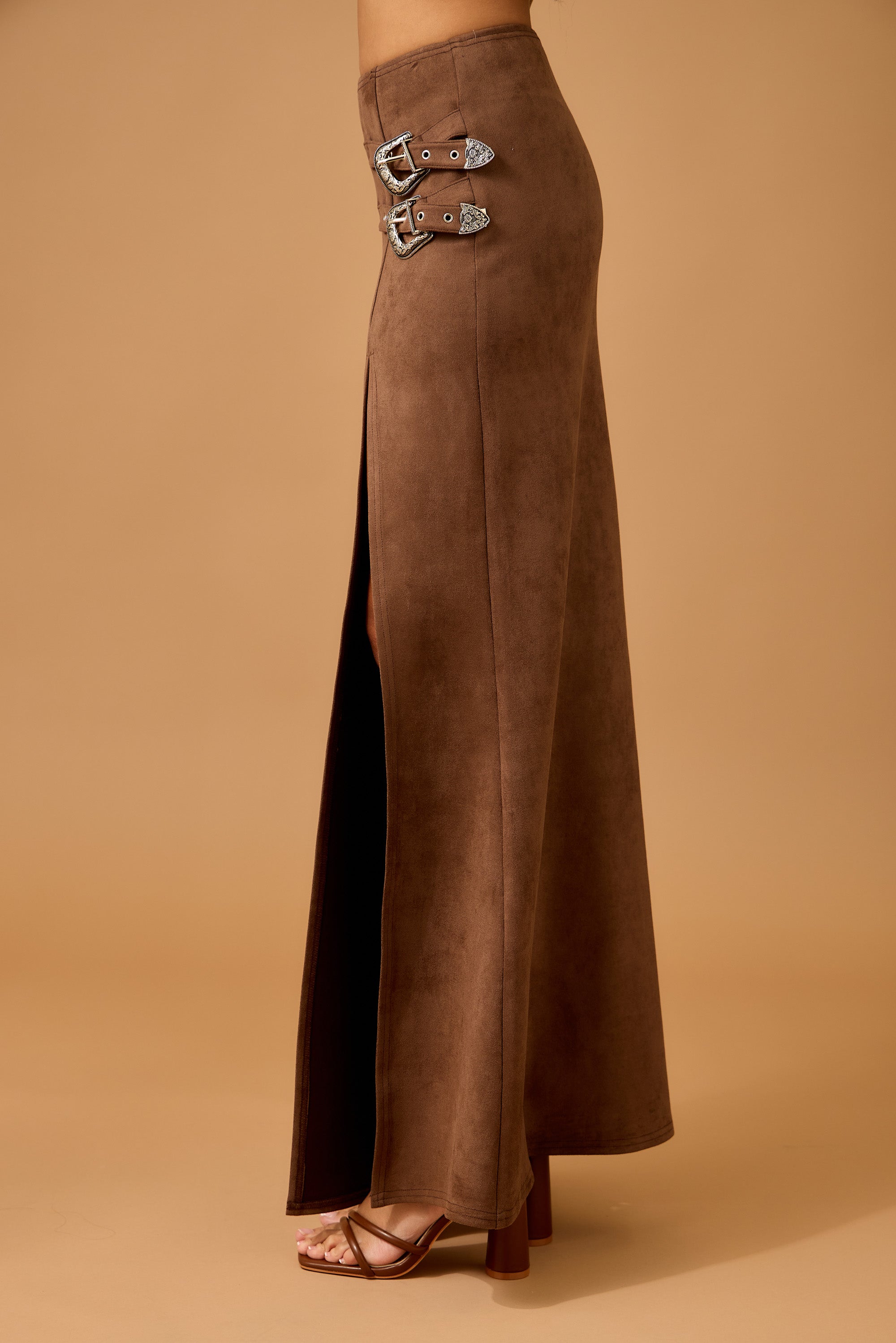 Faux Suede Maxi Skirt with High Slit and Double Buckles
