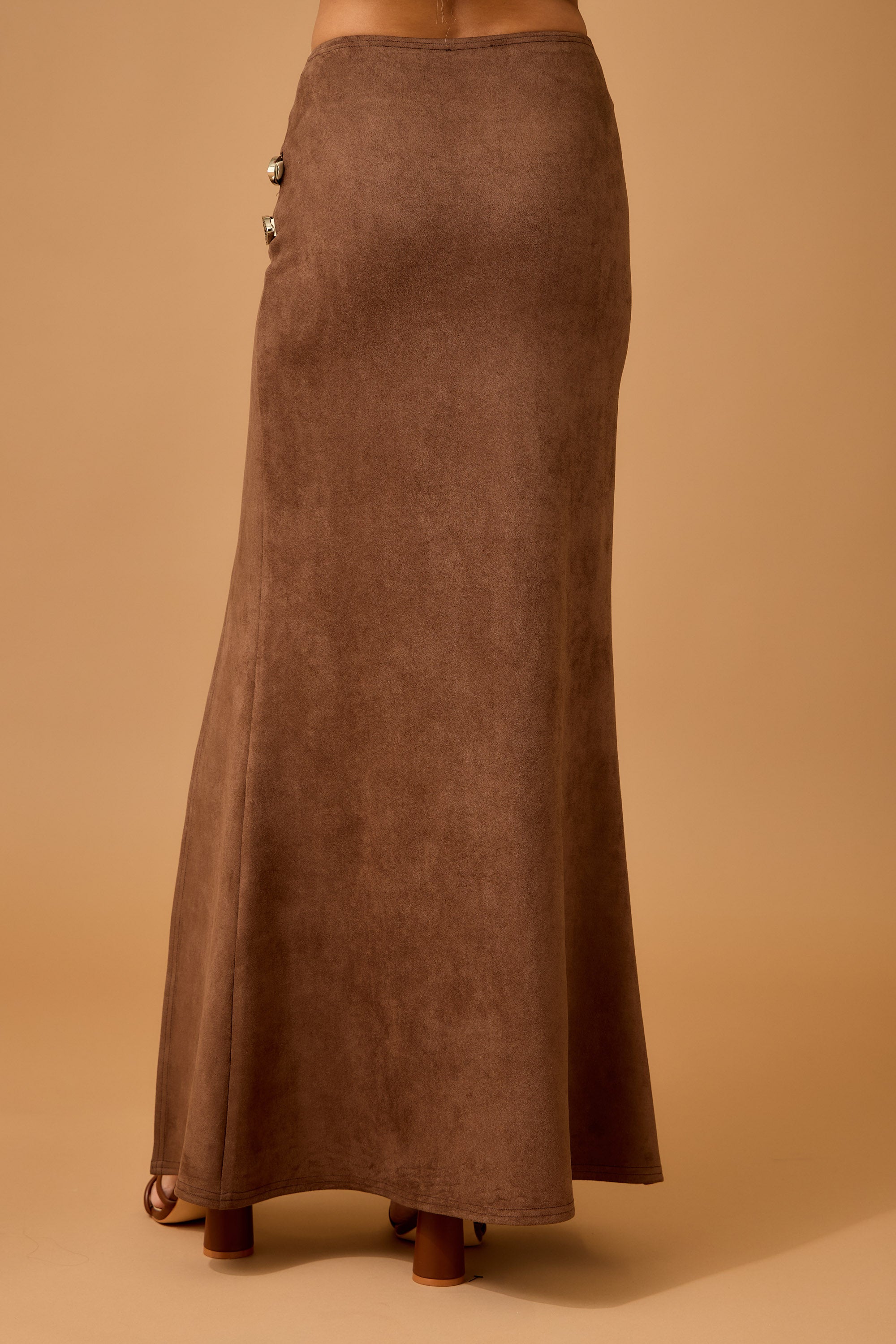 Faux Suede Maxi Skirt with High Slit and Double Buckles