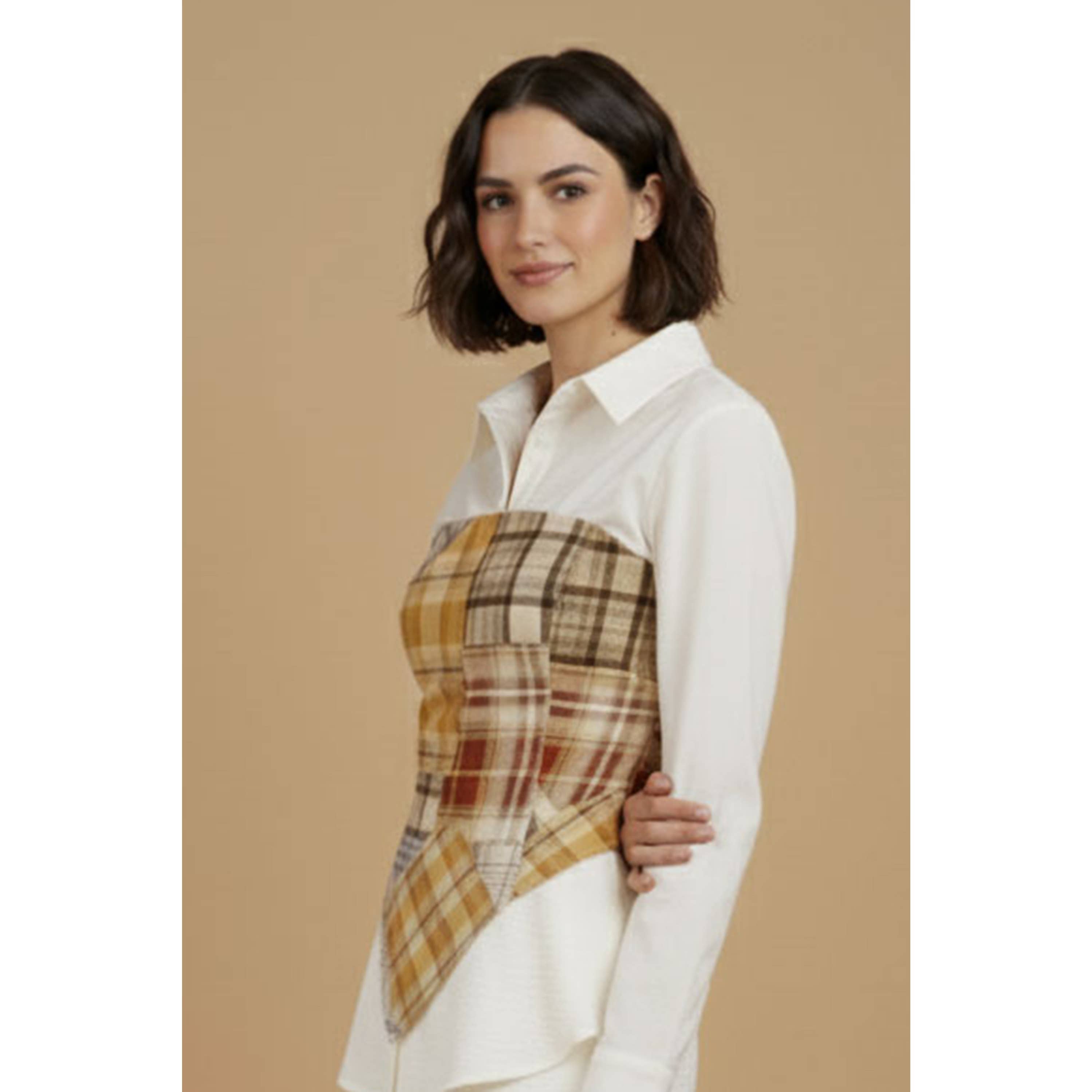 Spring Plaid Scarf Detail Shirt and Wide Pants Set