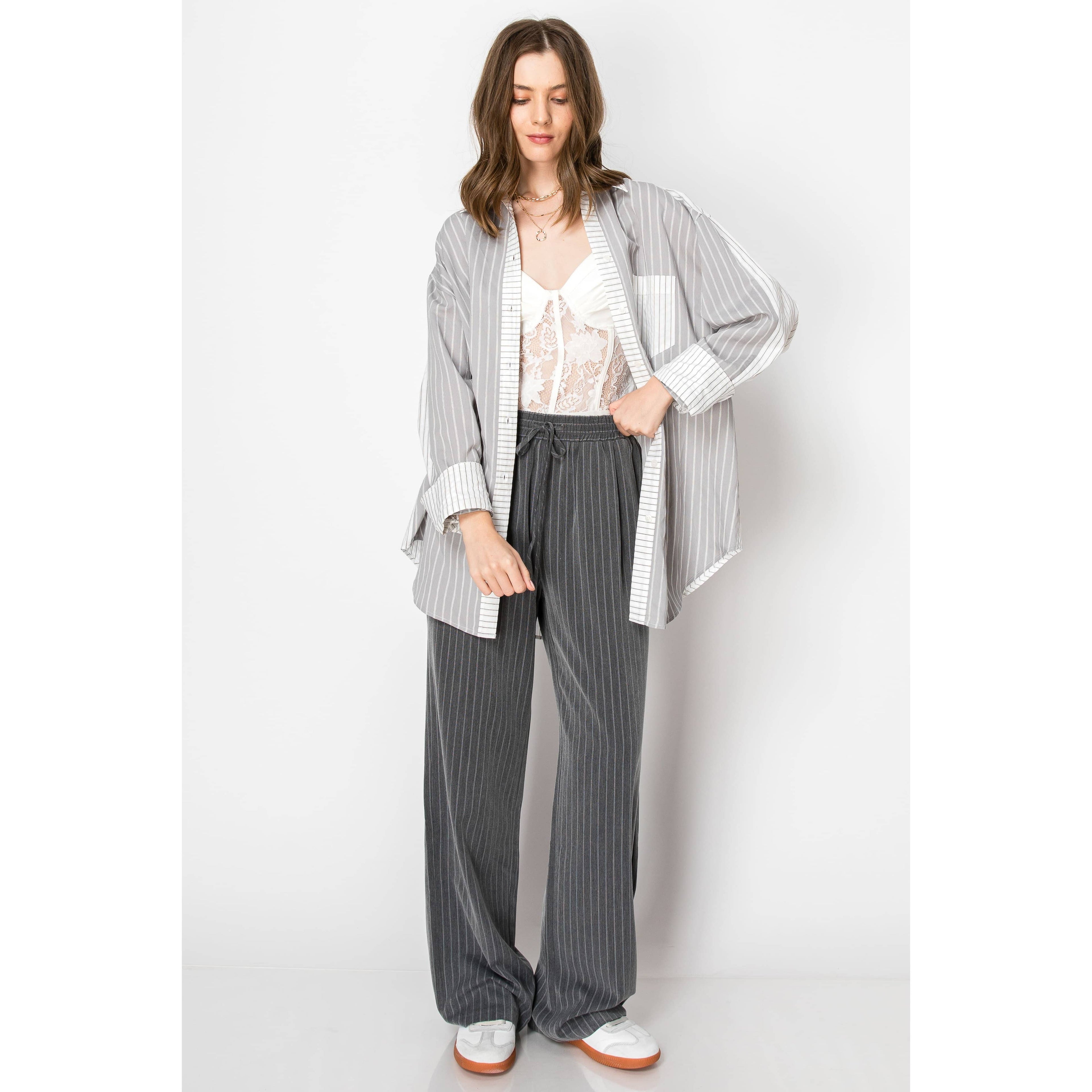 Pinstripe Drawstring Wide Leg Trouser PANTS