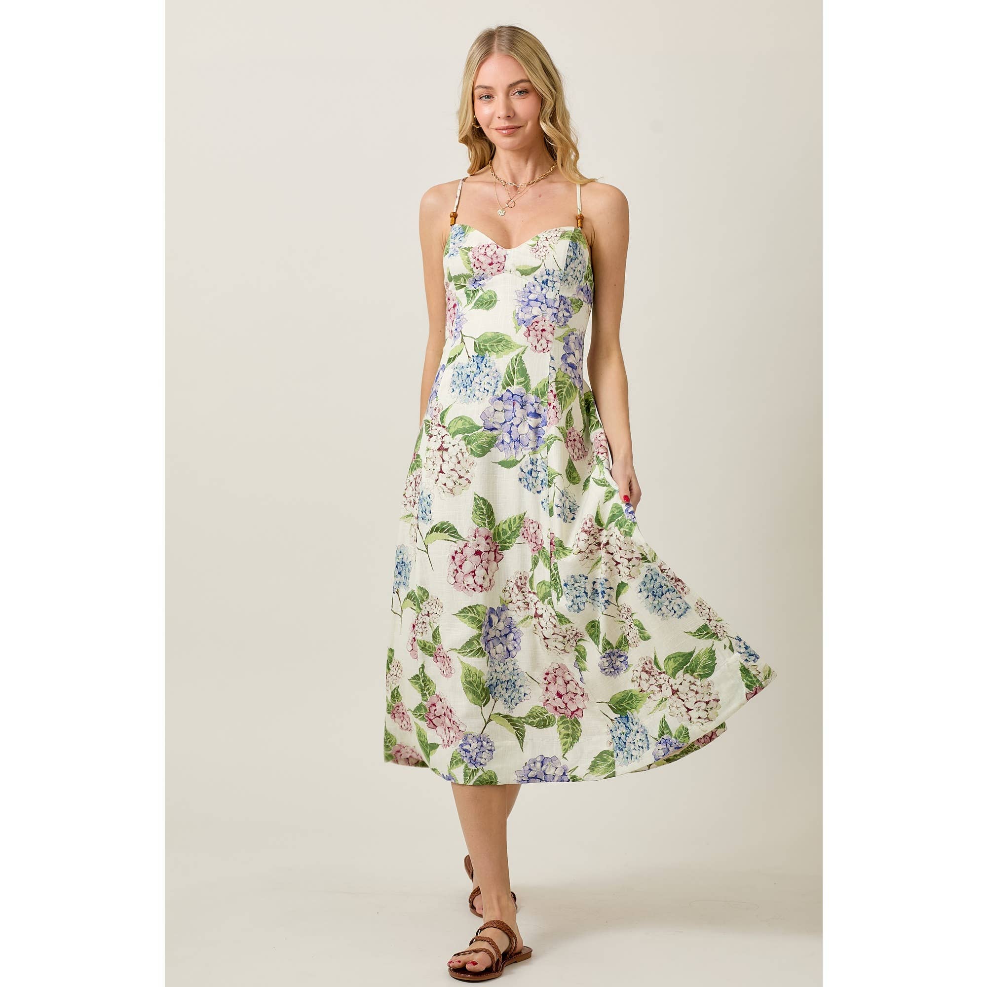 Floral Beaded Fit and Flare Linen Midi Dress