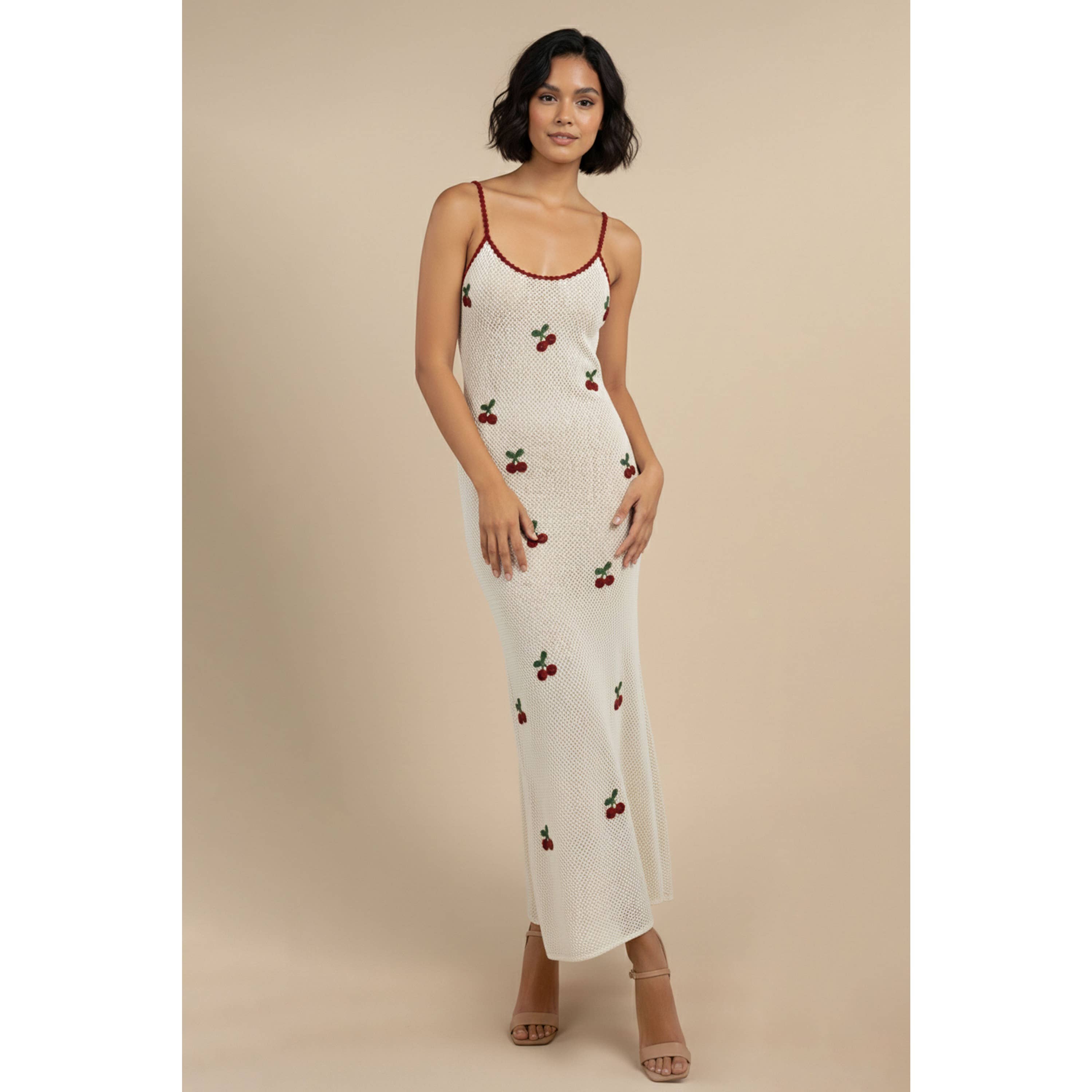 Cherry Embroidered Knit Maxi Dress
