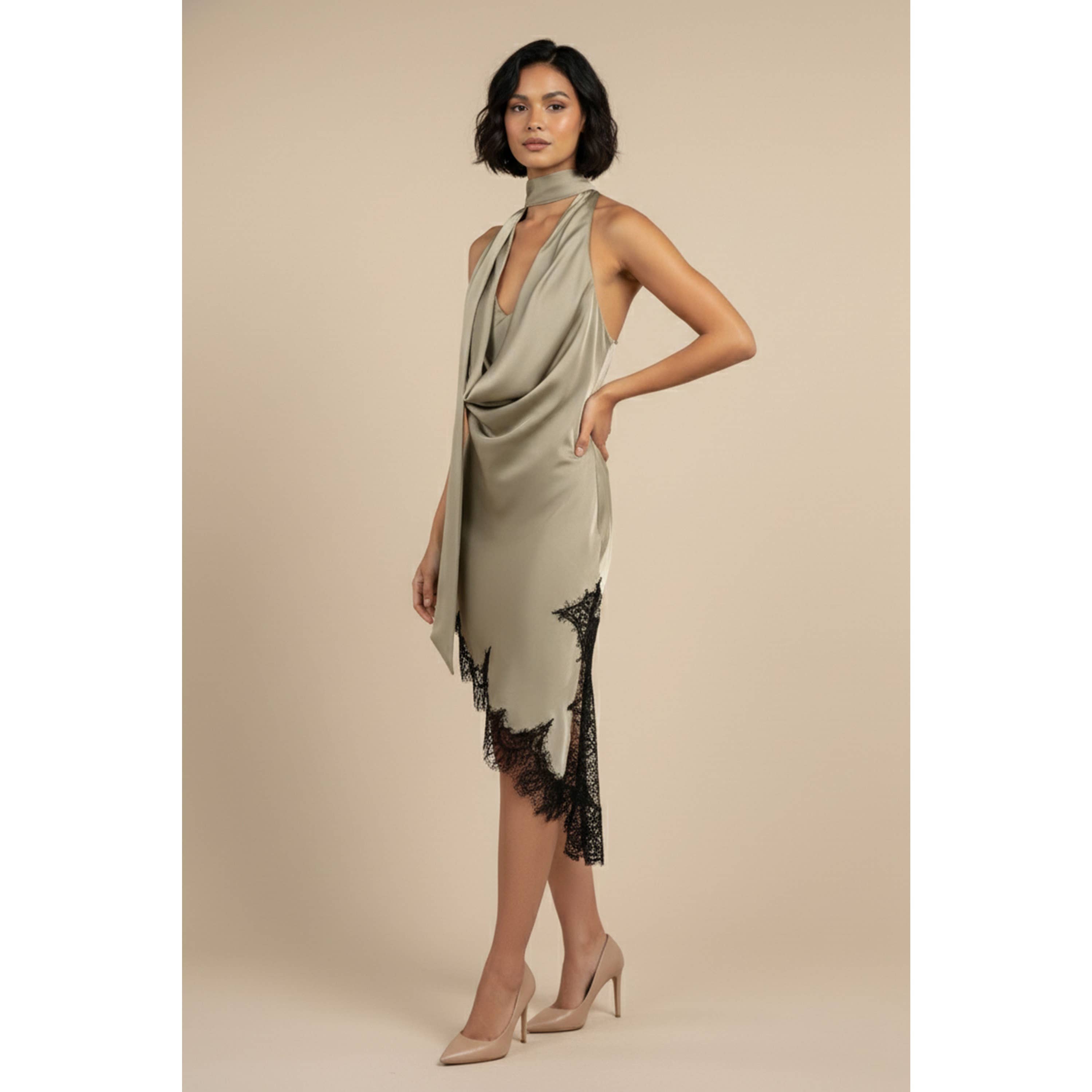 Satin Lace Trim Scarf Dress