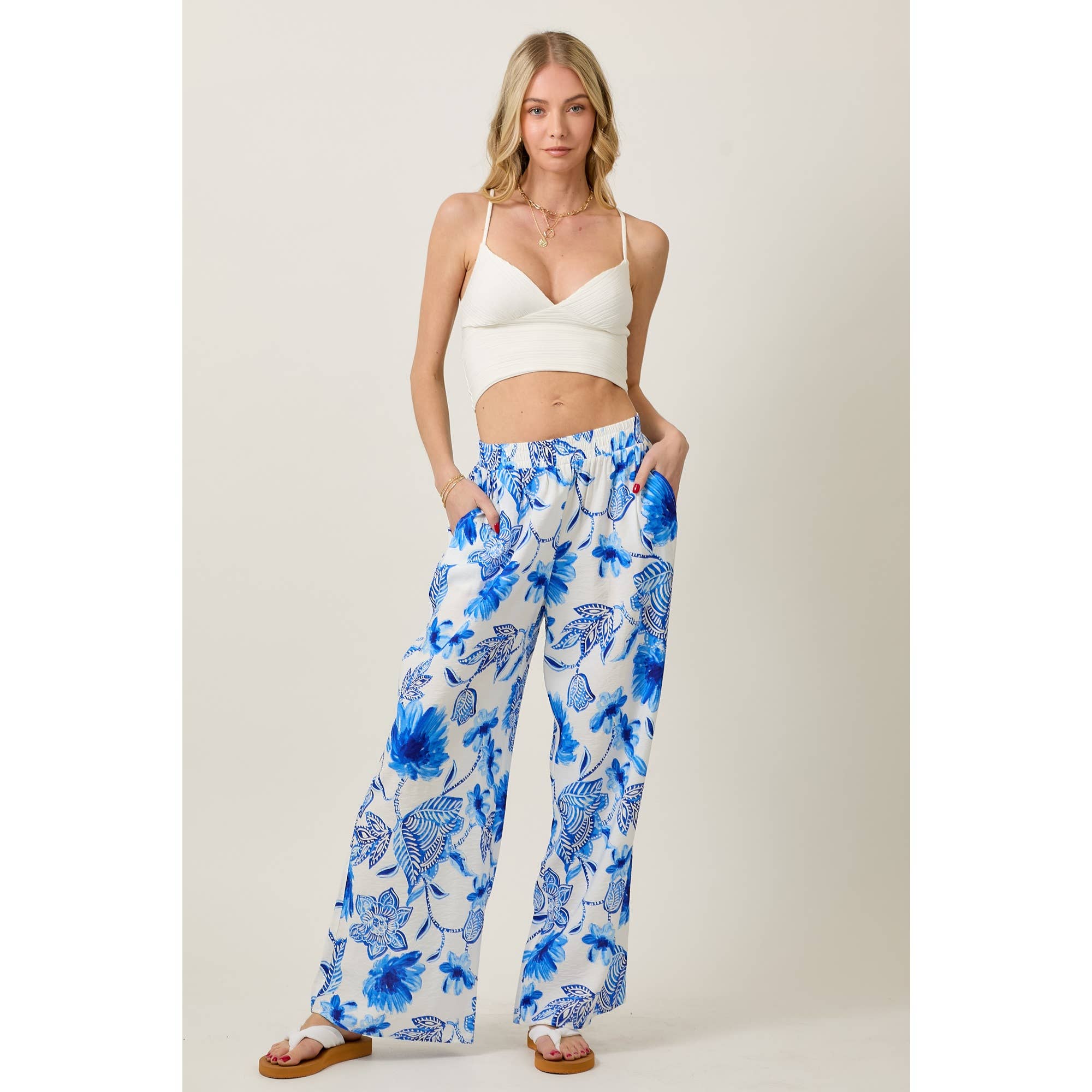Floral Print Wide Leg Pants With Pockets