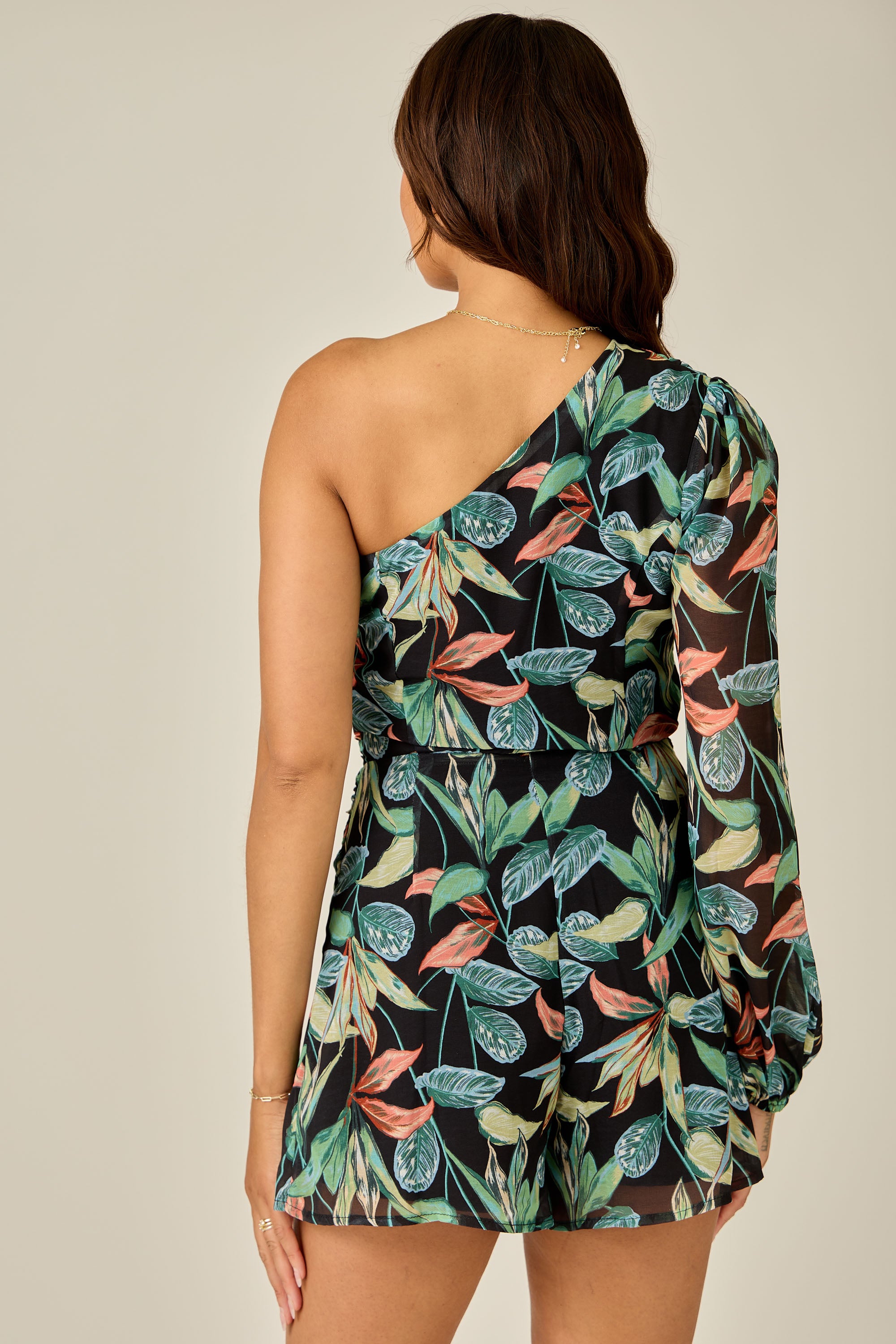 Tropic Nights One-Shoulder Chiffon Romper