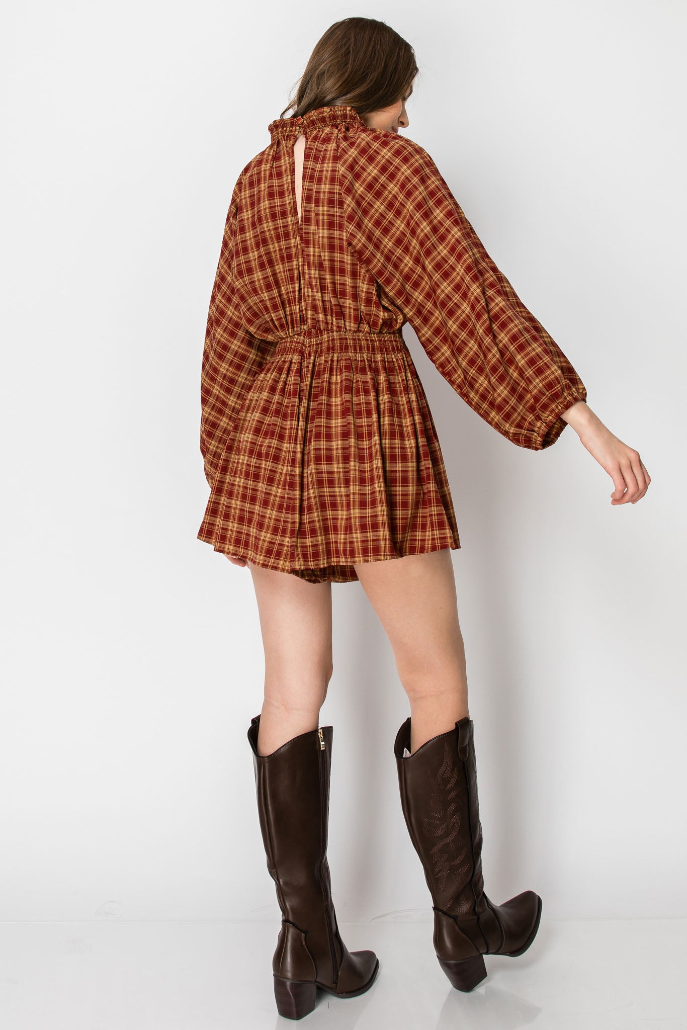 Dolman Sleeve Plaid Smocked V-neck ROMPER