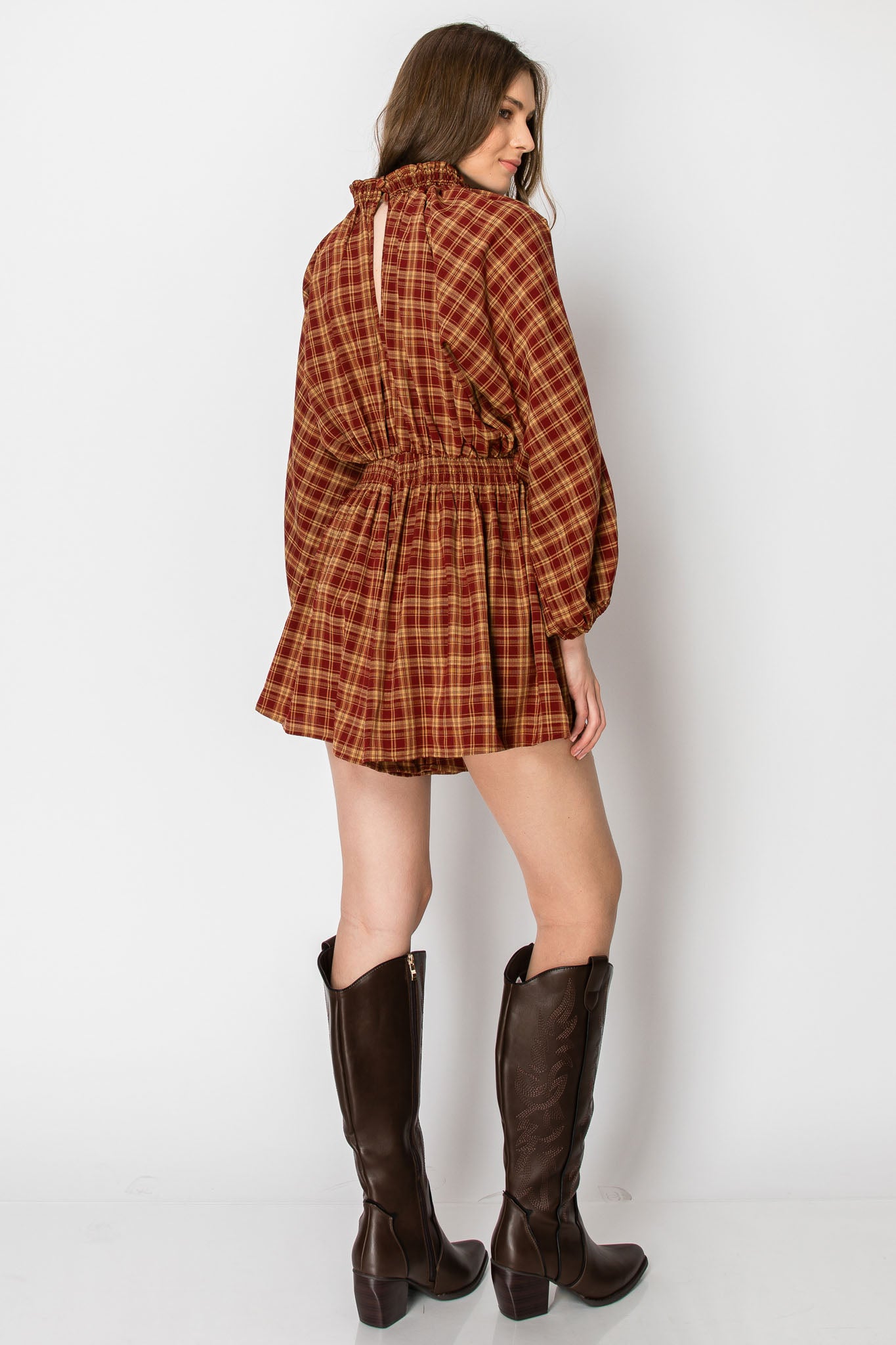 Dolman Sleeve Plaid Smocked V-neck ROMPER
