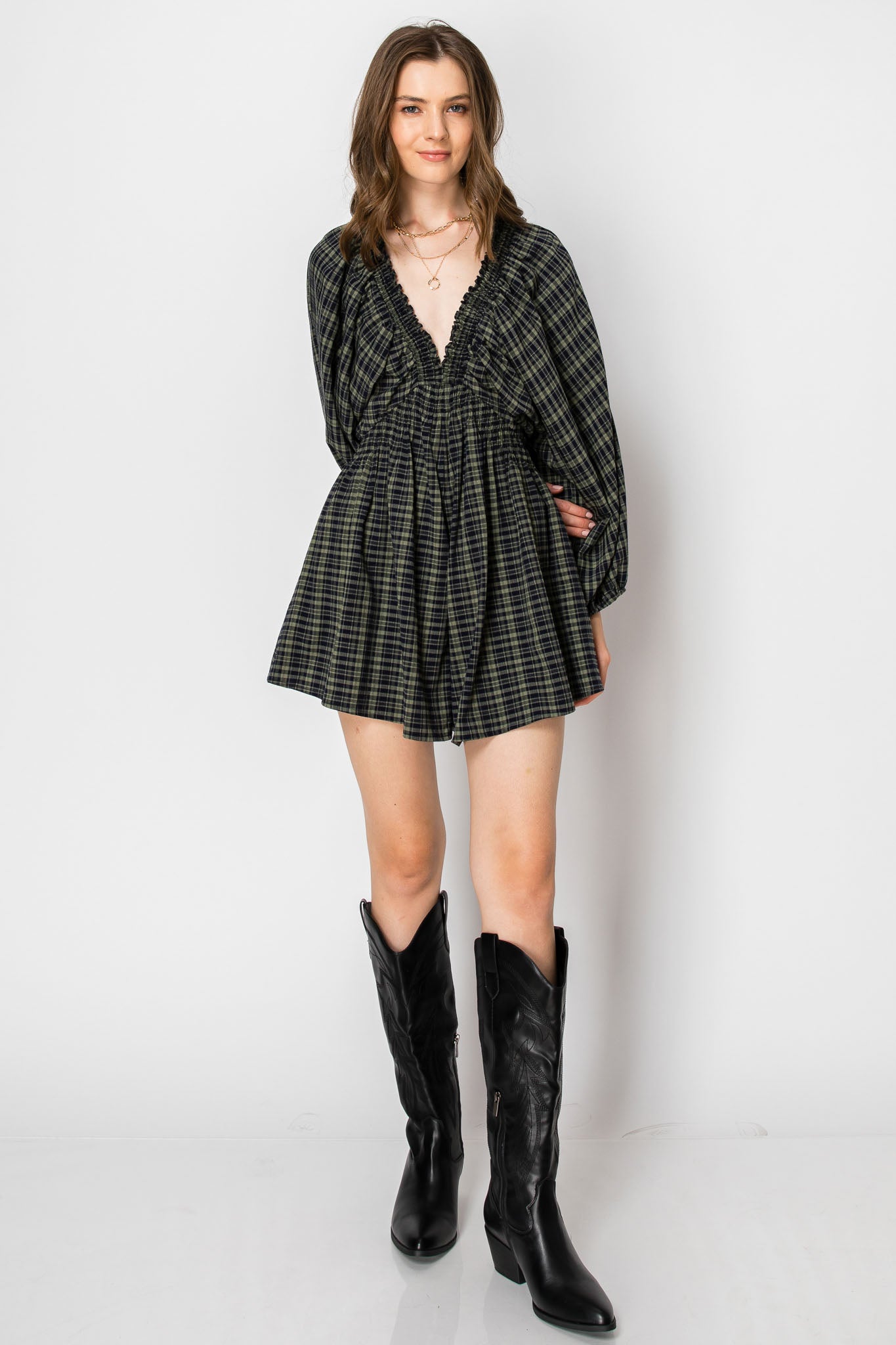 Dolman Sleeve Plaid Smocked V-neck ROMPER