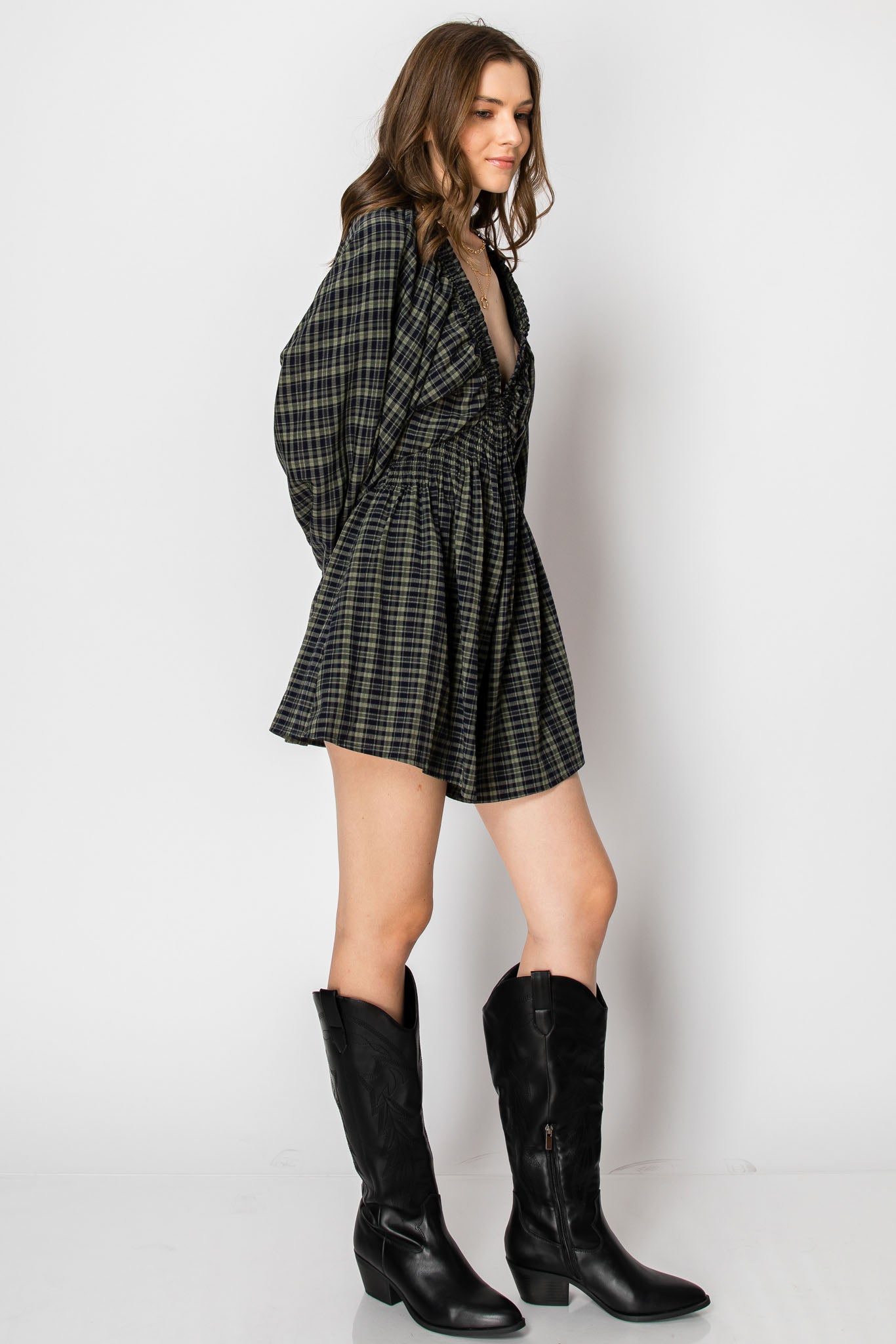 Dolman Sleeve Plaid Smocked V-neck ROMPER