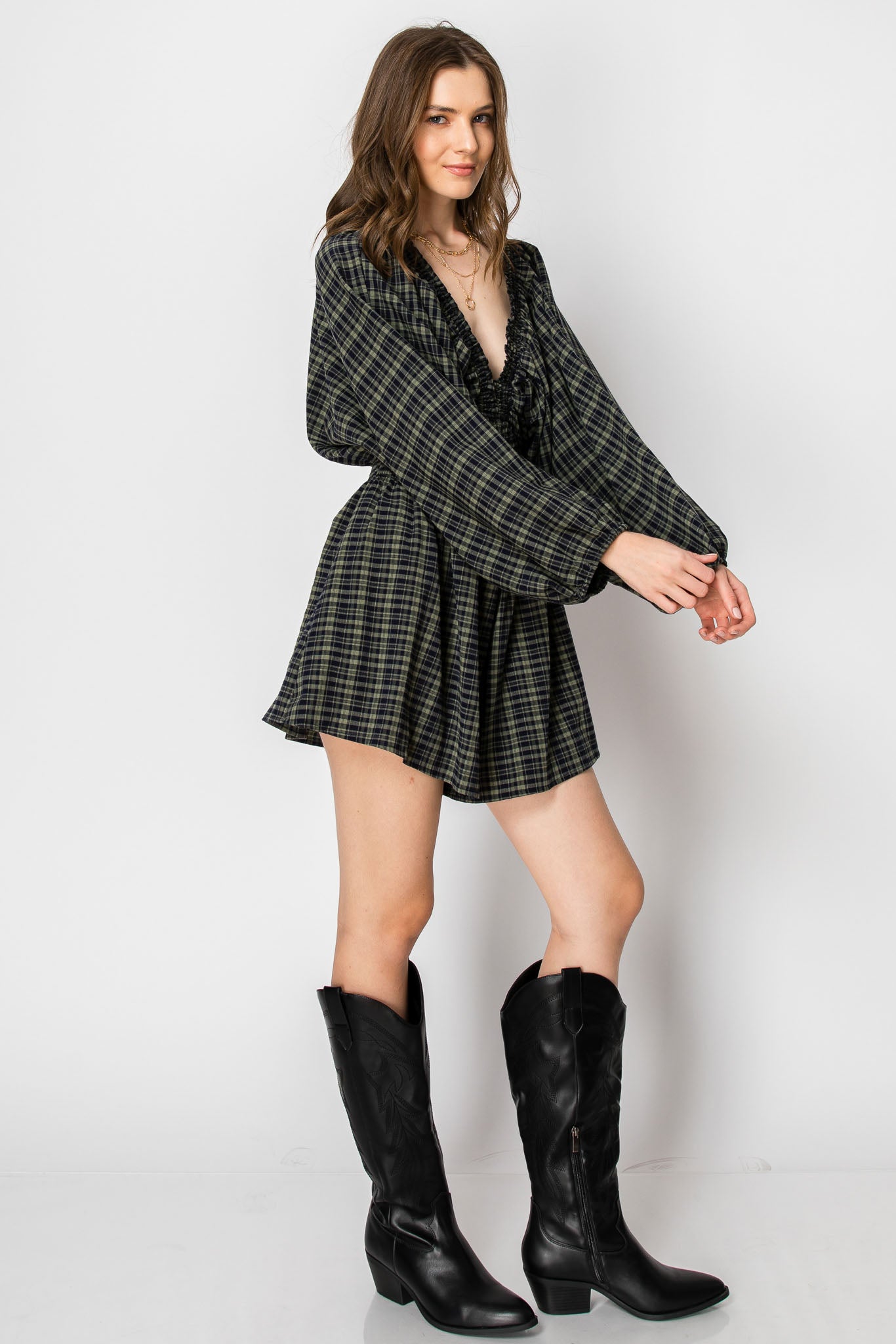 Dolman Sleeve Plaid Smocked V-neck ROMPER