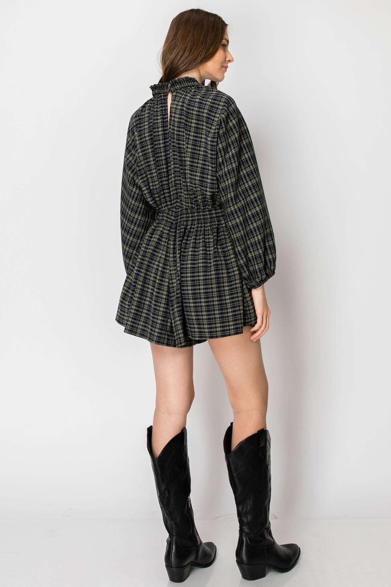 Dolman Sleeve Plaid Smocked V-neck ROMPER