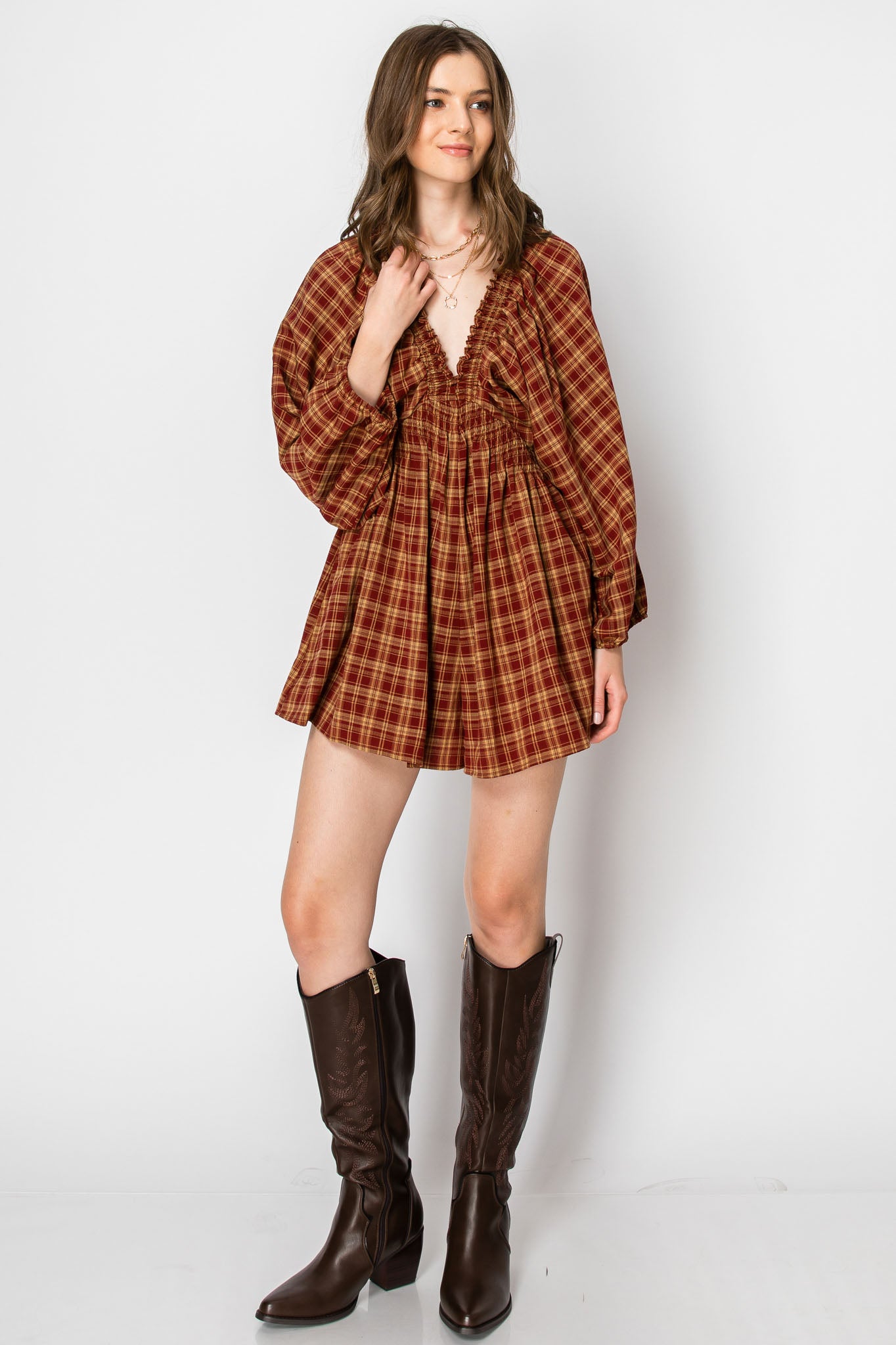 Dolman Sleeve Plaid Smocked V-neck ROMPER