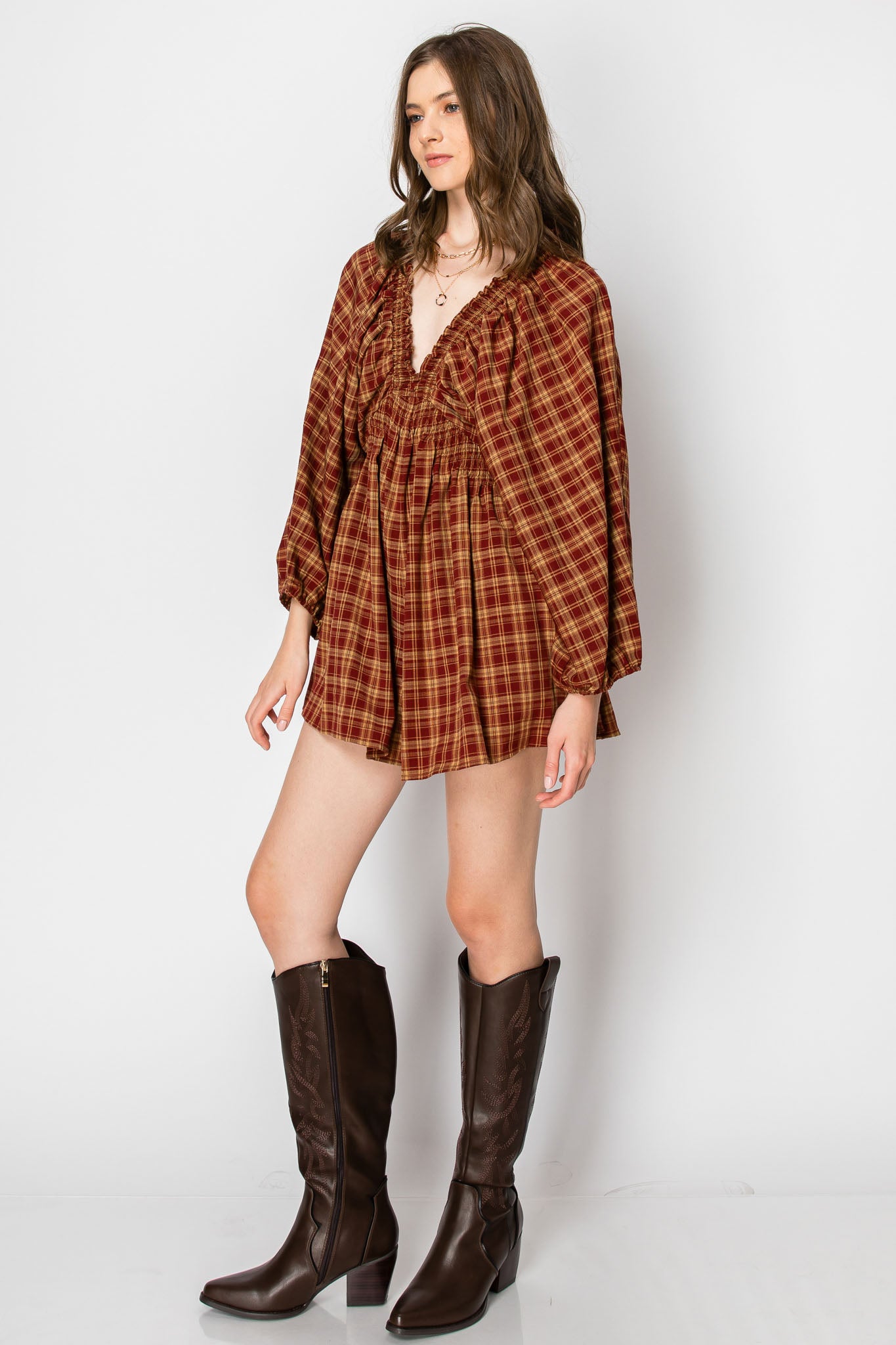 Dolman Sleeve Plaid Smocked V-neck ROMPER