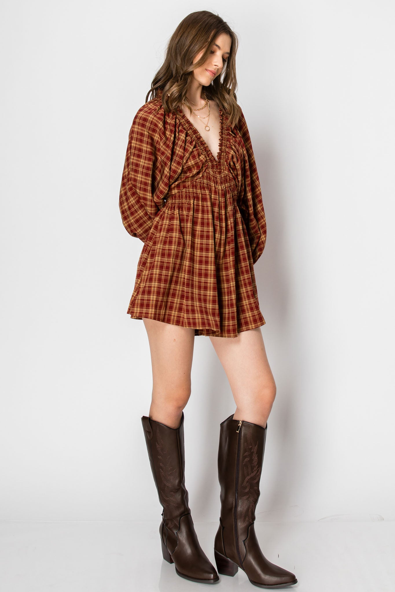 Dolman Sleeve Plaid Smocked V-neck ROMPER