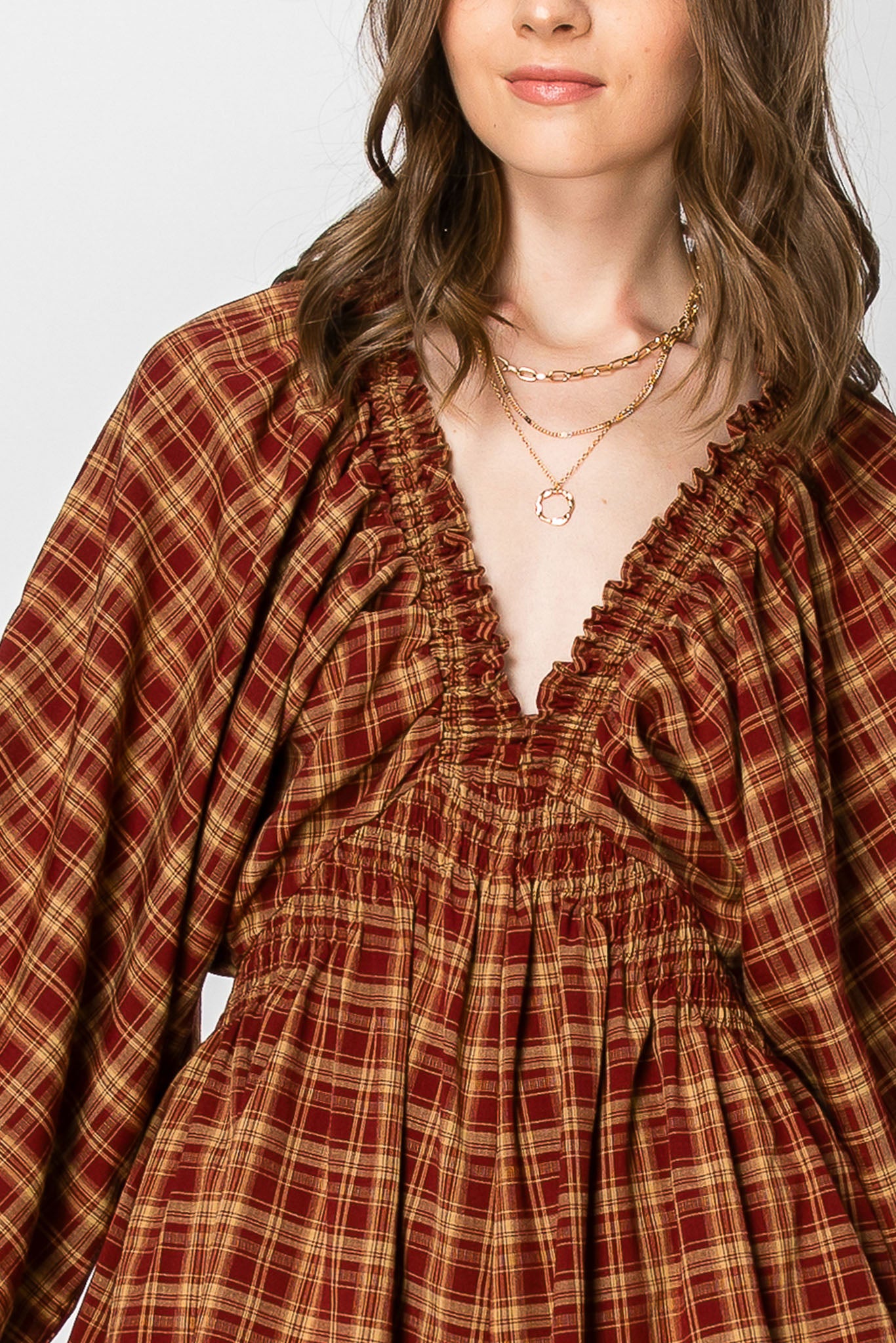 Dolman Sleeve Plaid Smocked V-neck ROMPER