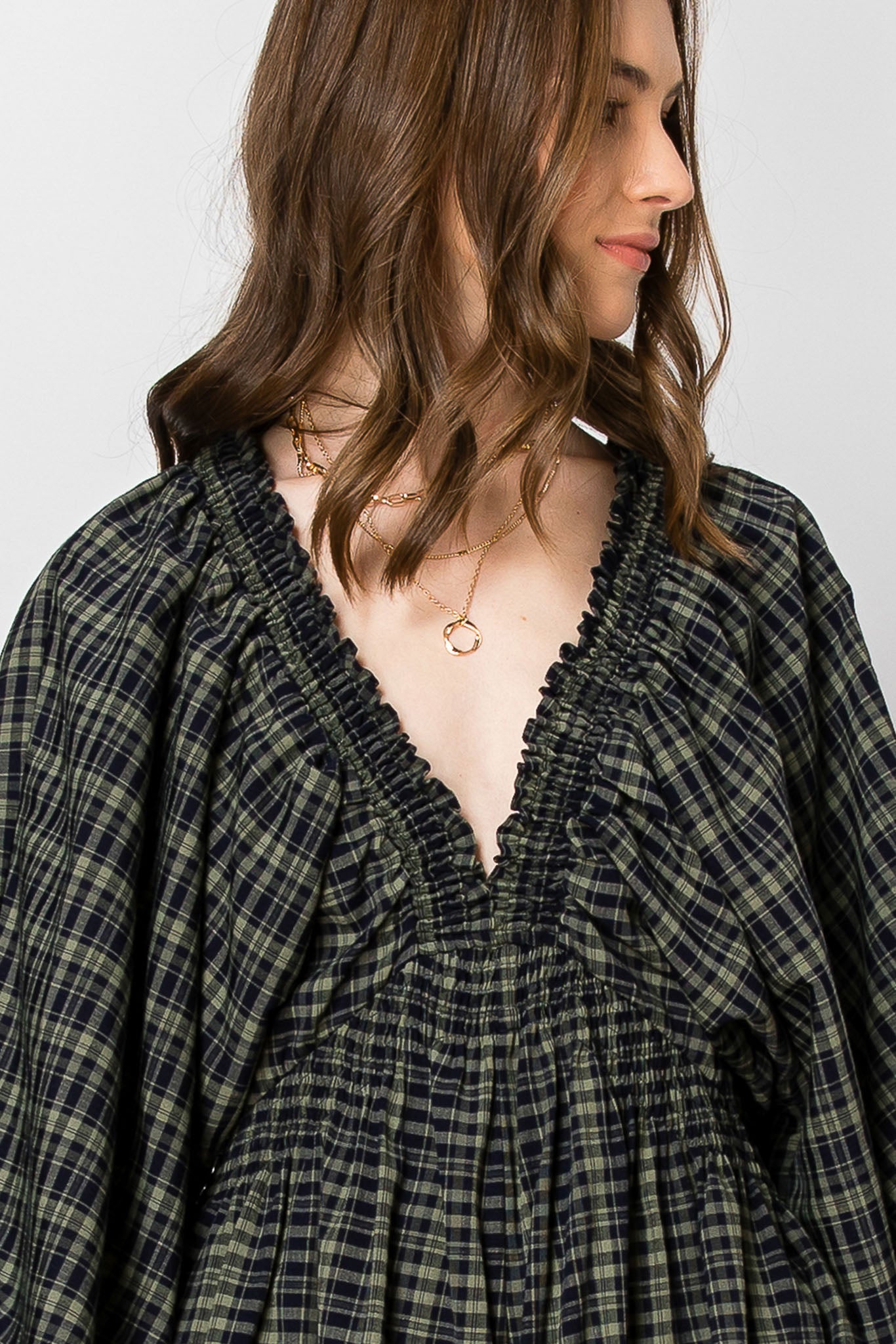 Dolman Sleeve Plaid Smocked V-neck ROMPER