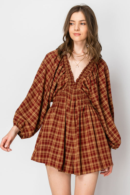 DOLMAN SLEEVE PLAID SMOCKED DEEP V NECK ROMPER