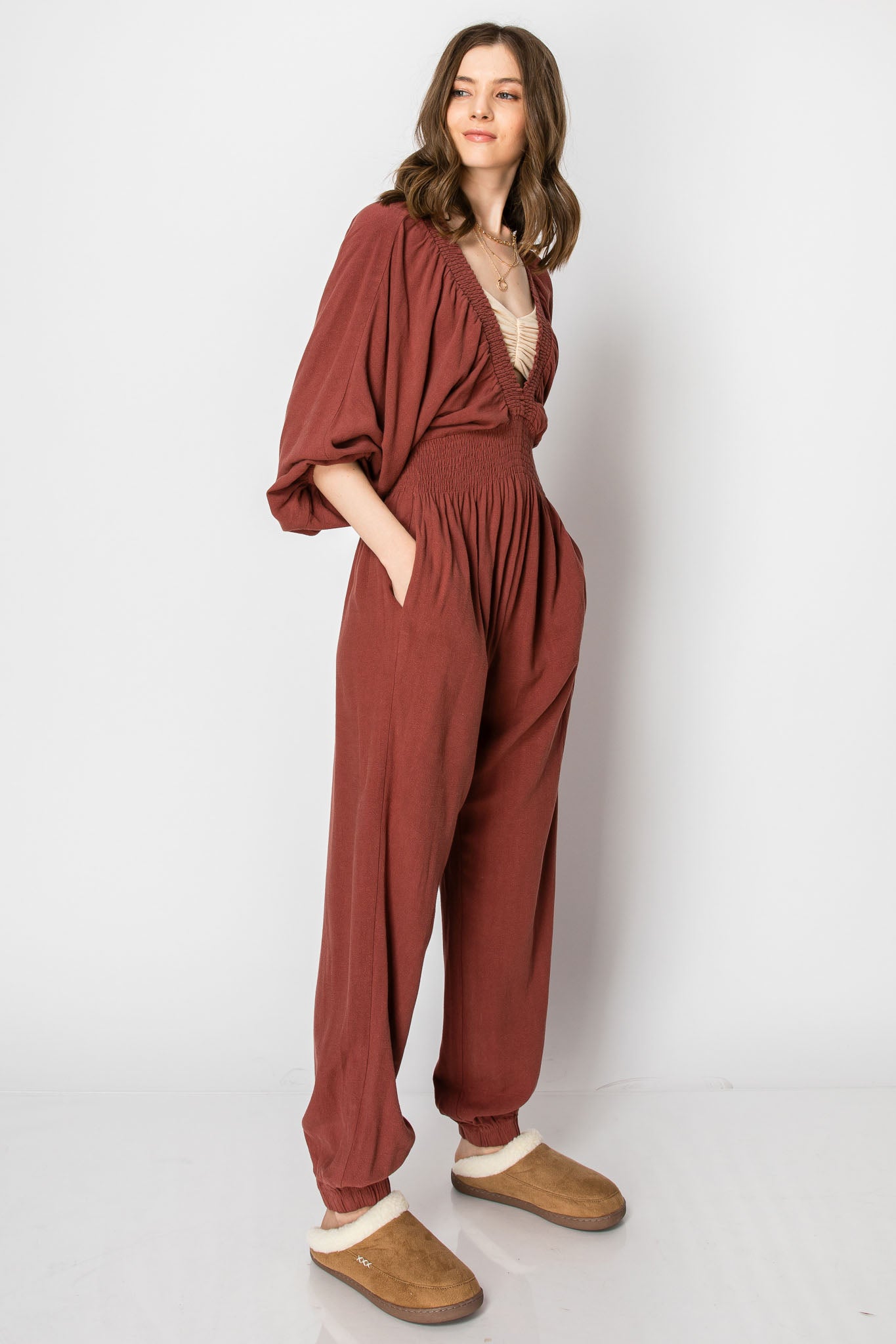 Dolman Sleeve Deep V-neck JUMPSUIT with Pockets