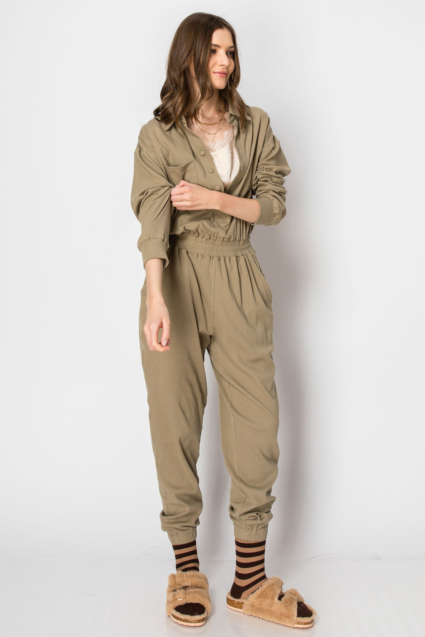 Long Sleeve Cotton Ribbed Collared JUMPSUIT