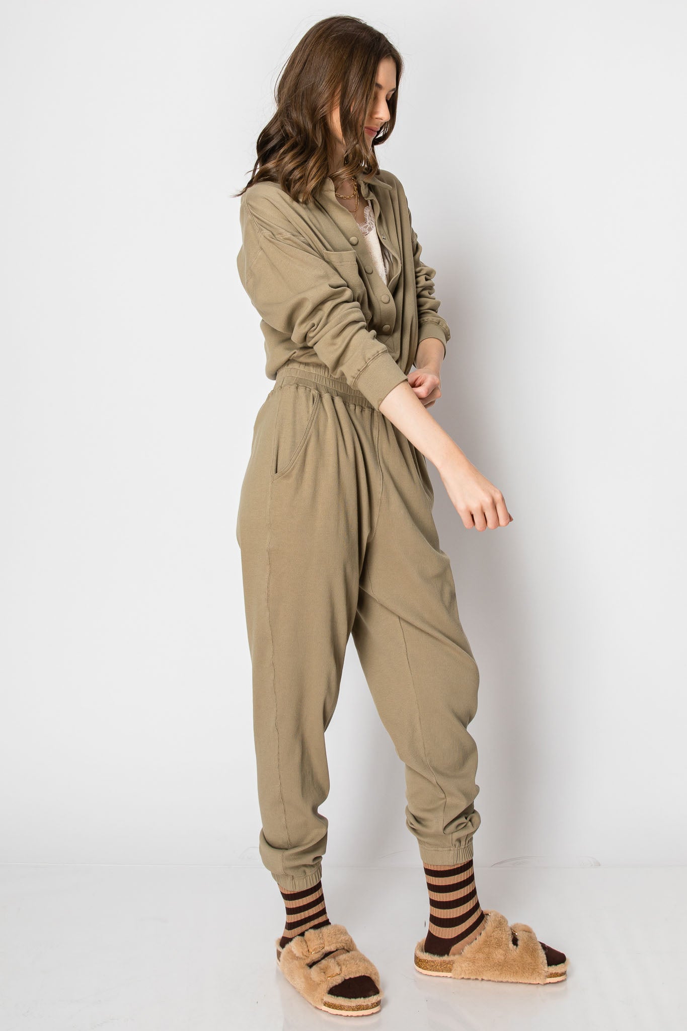 Long Sleeve Cotton Ribbed Collared JUMPSUIT