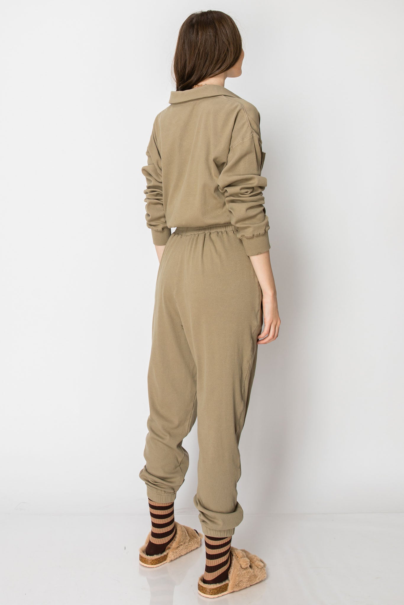 Long Sleeve Cotton Ribbed Collared JUMPSUIT