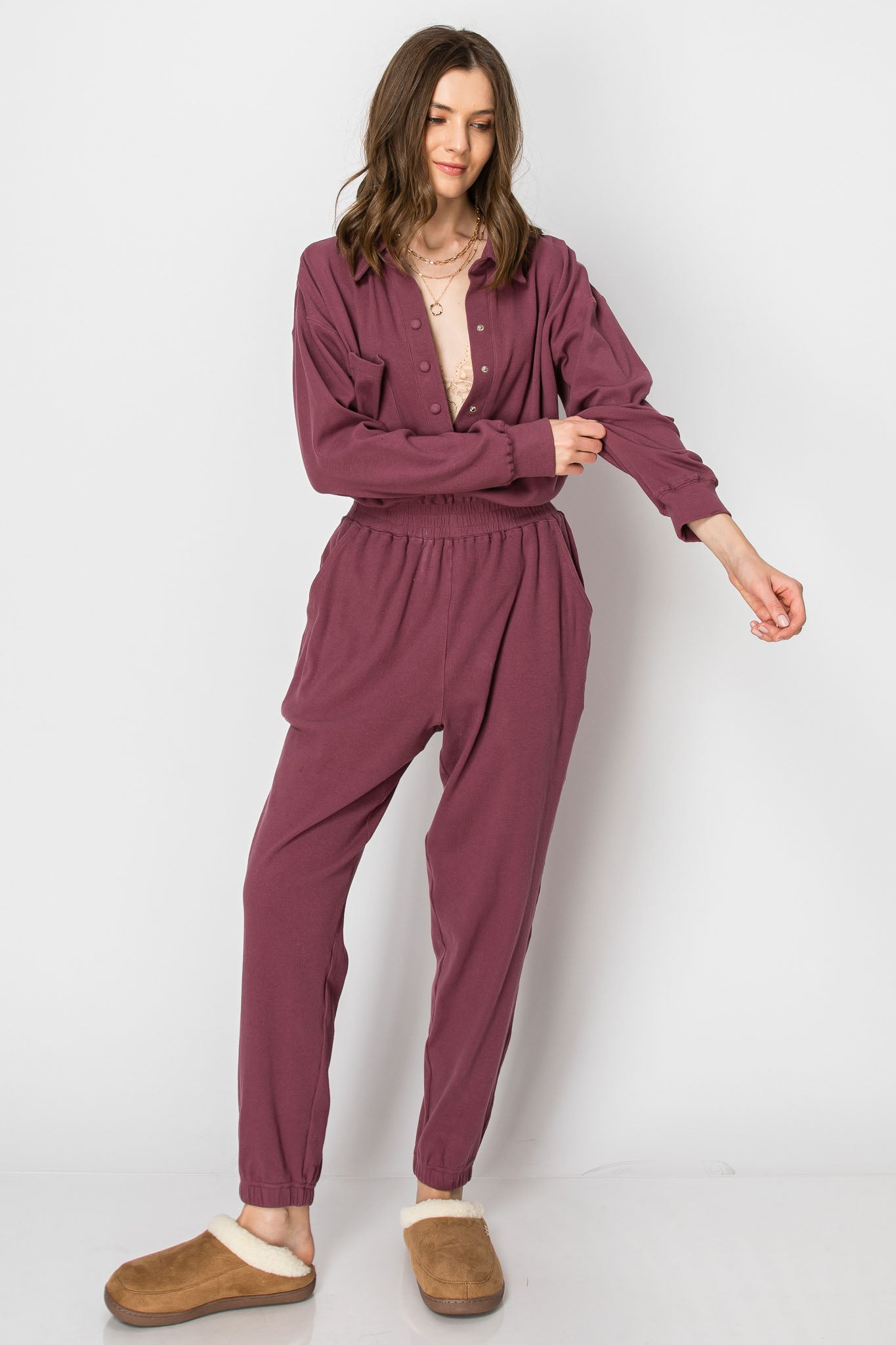 Long Sleeve Cotton Ribbed Collared JUMPSUIT