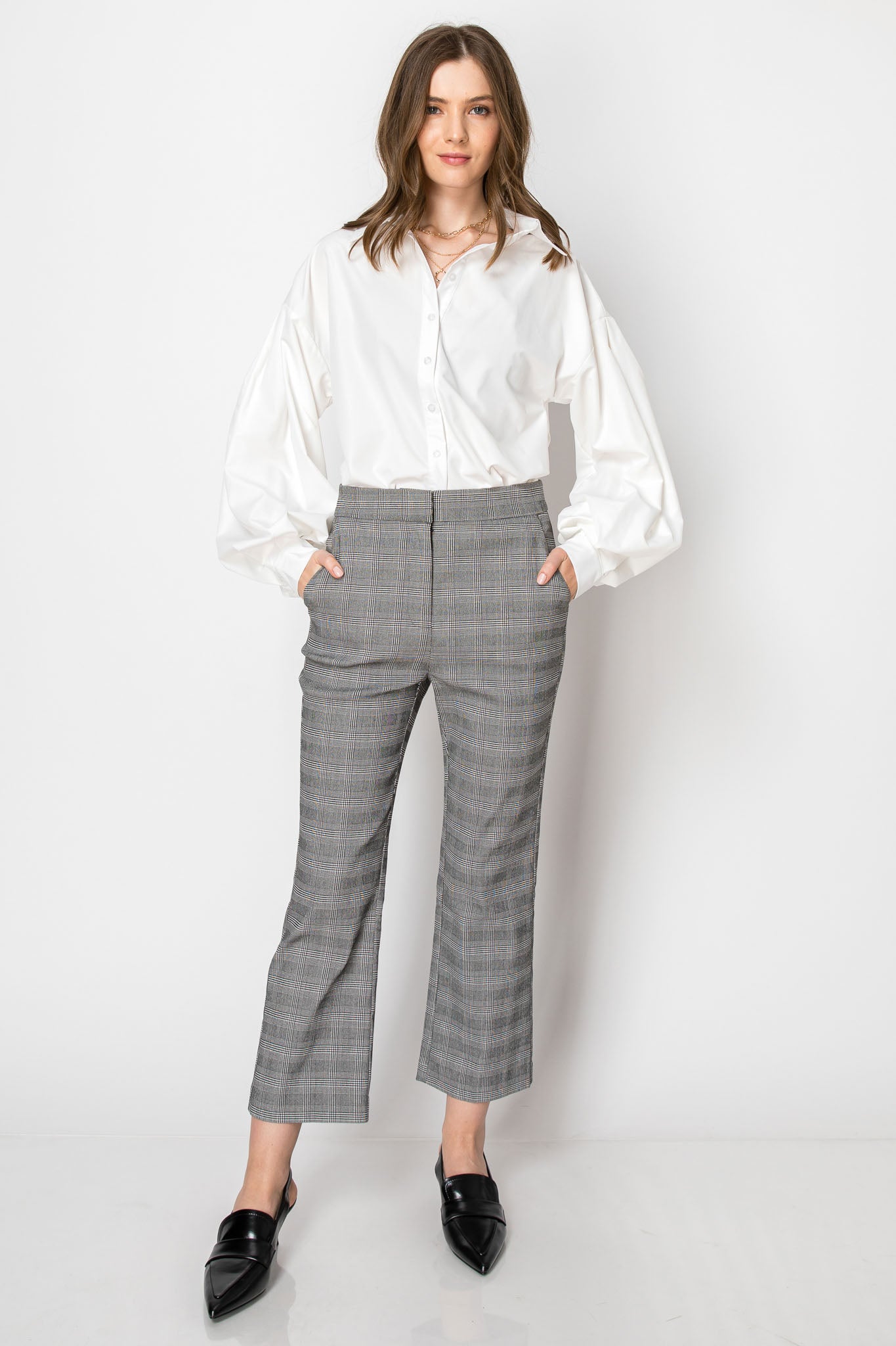 PLAID HIGH WAISTED ANKLE LENGTH FLARE OFFICE PANTS WITH POCKETS