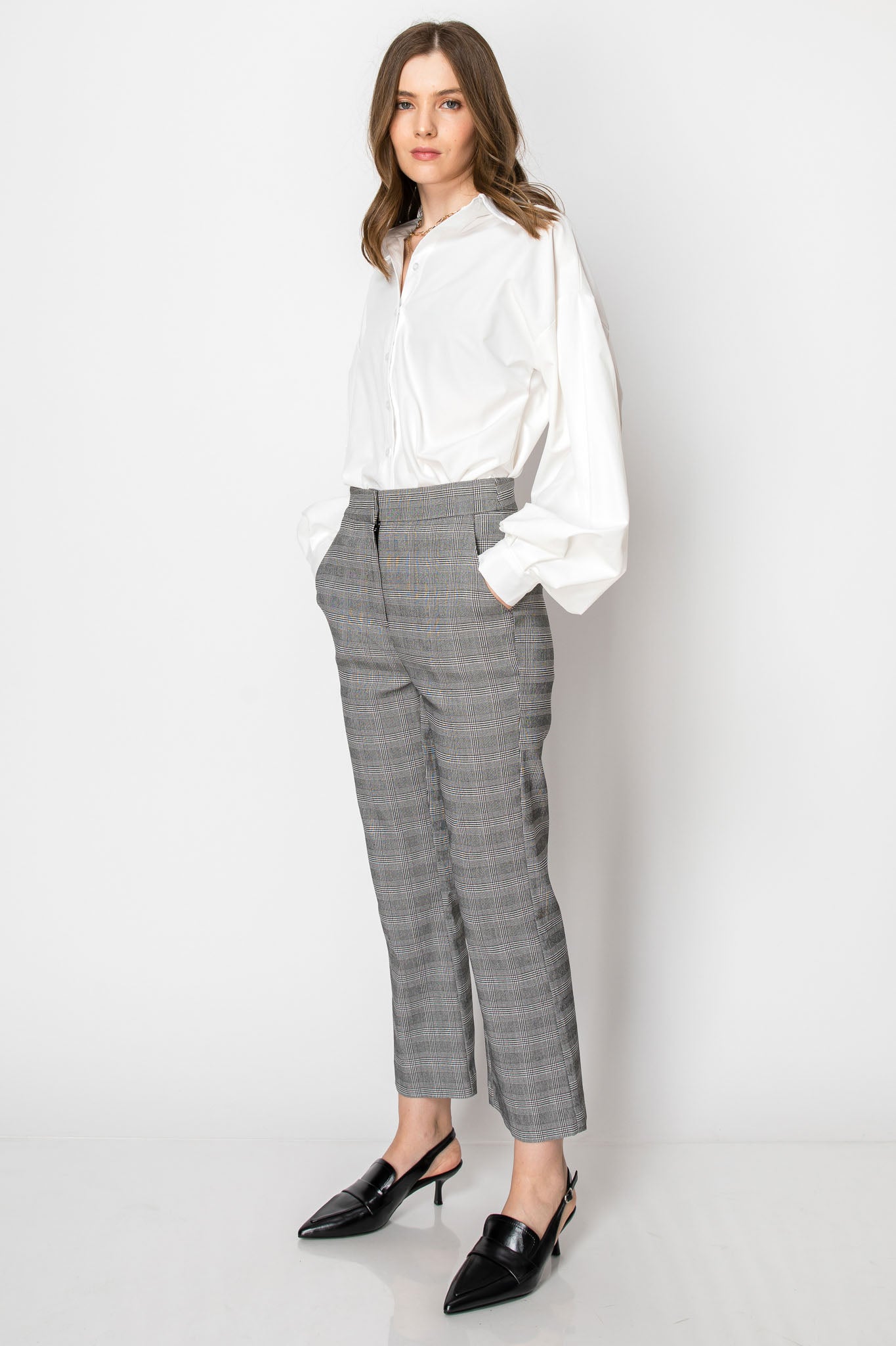 PLAID HIGH WAISTED ANKLE LENGTH FLARE OFFICE PANTS WITH POCKETS