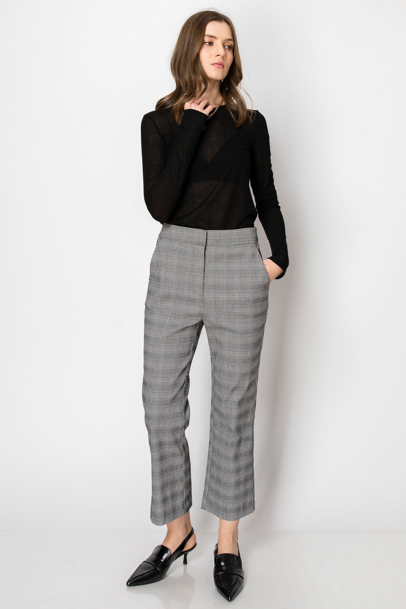 PLAID HIGH WAISTED ANKLE LENGTH FLARE OFFICE PANTS WITH POCKETS