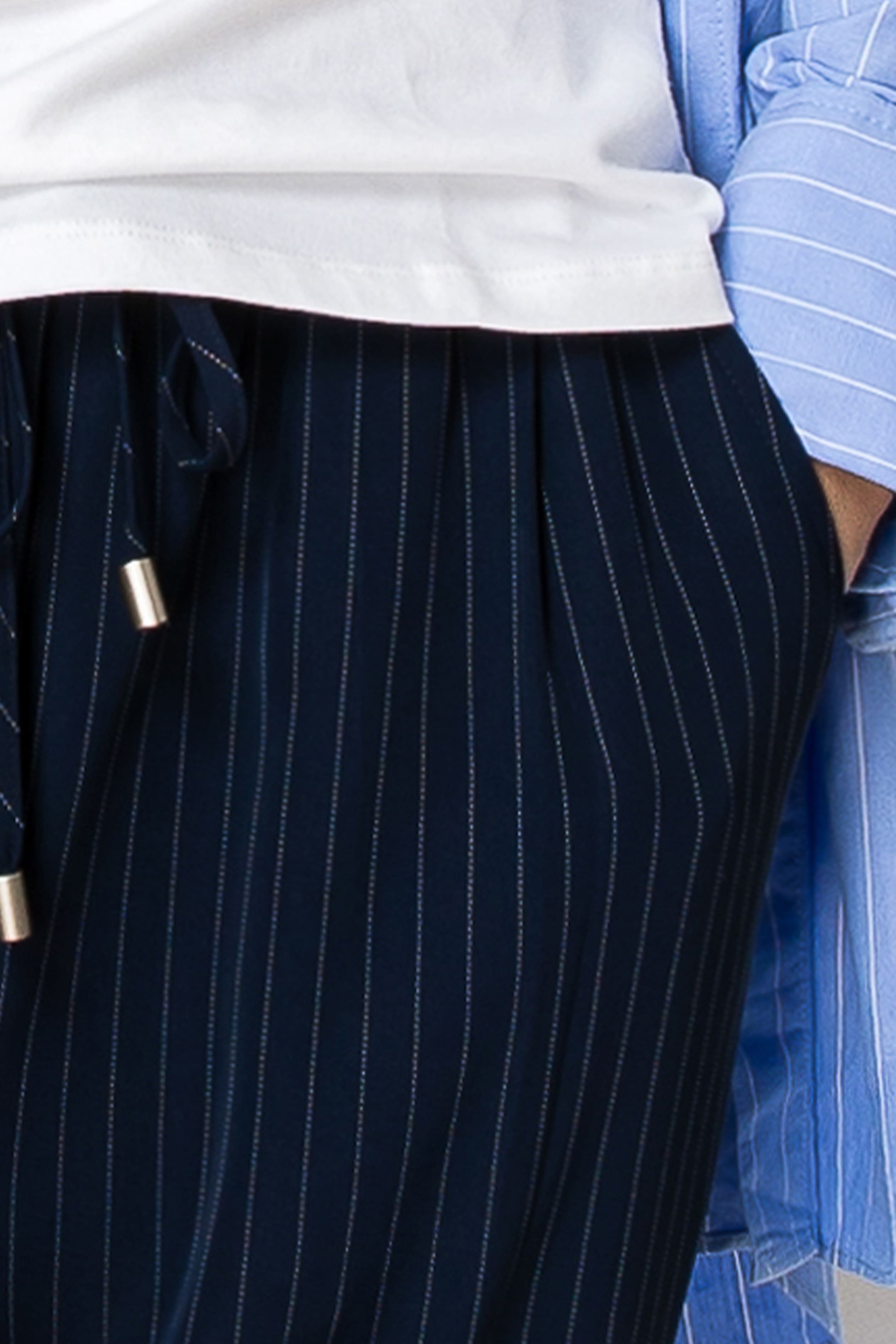Beaded Drawstring Pinstripe Elastic Waist PANTS