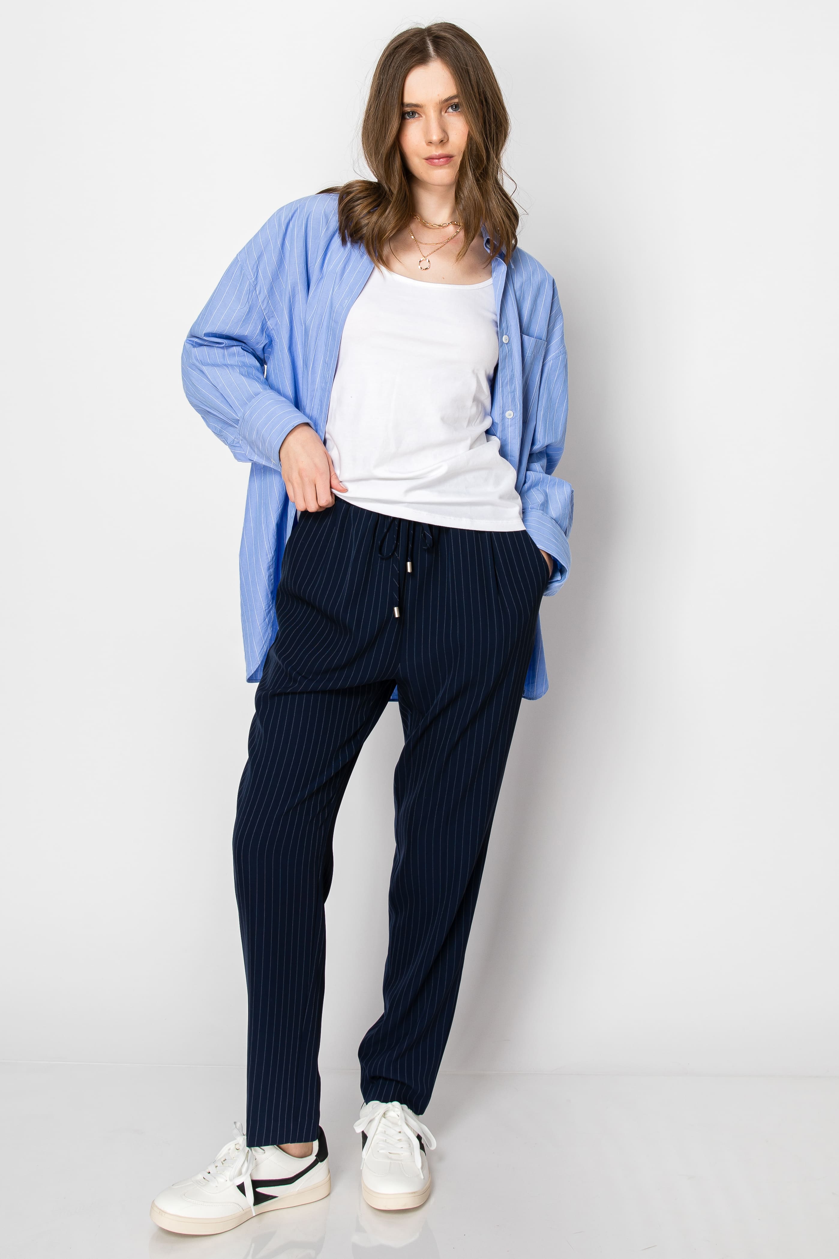 Beaded Drawstring Pinstripe Elastic Waist PANTS