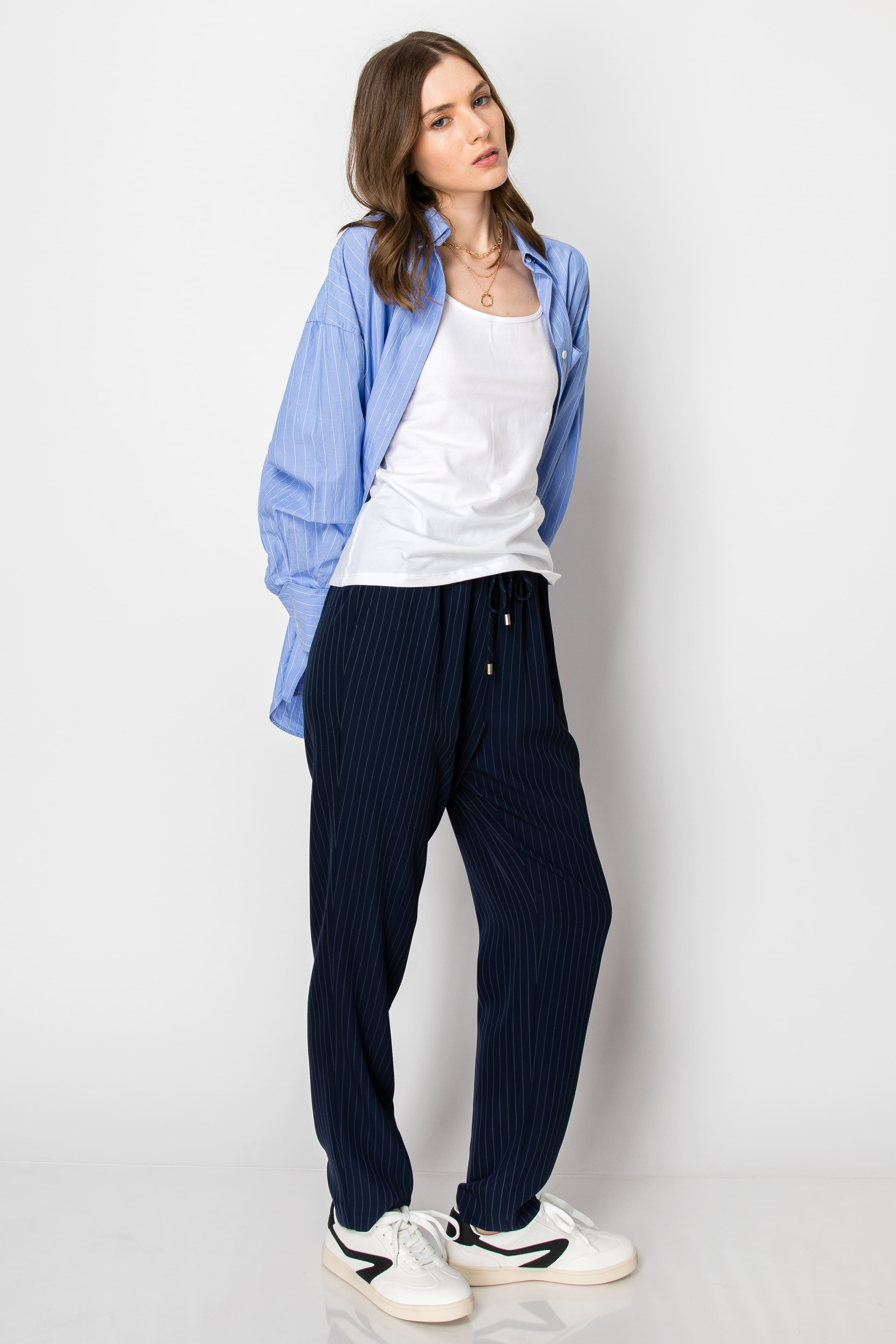 Beaded Drawstring Pinstripe Elastic Waist PANTS