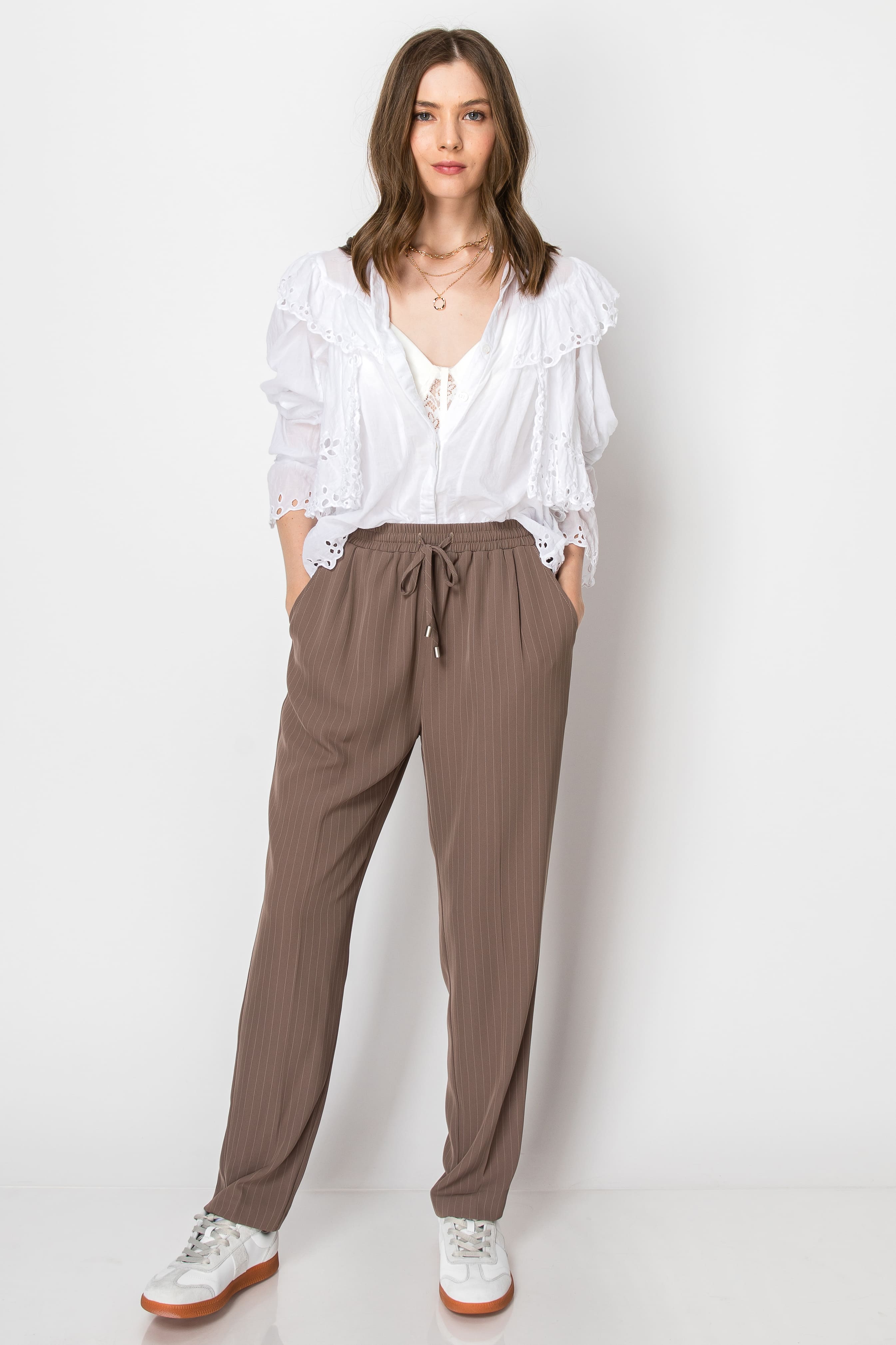 Beaded Drawstring Pinstripe Elastic Waist PANTS