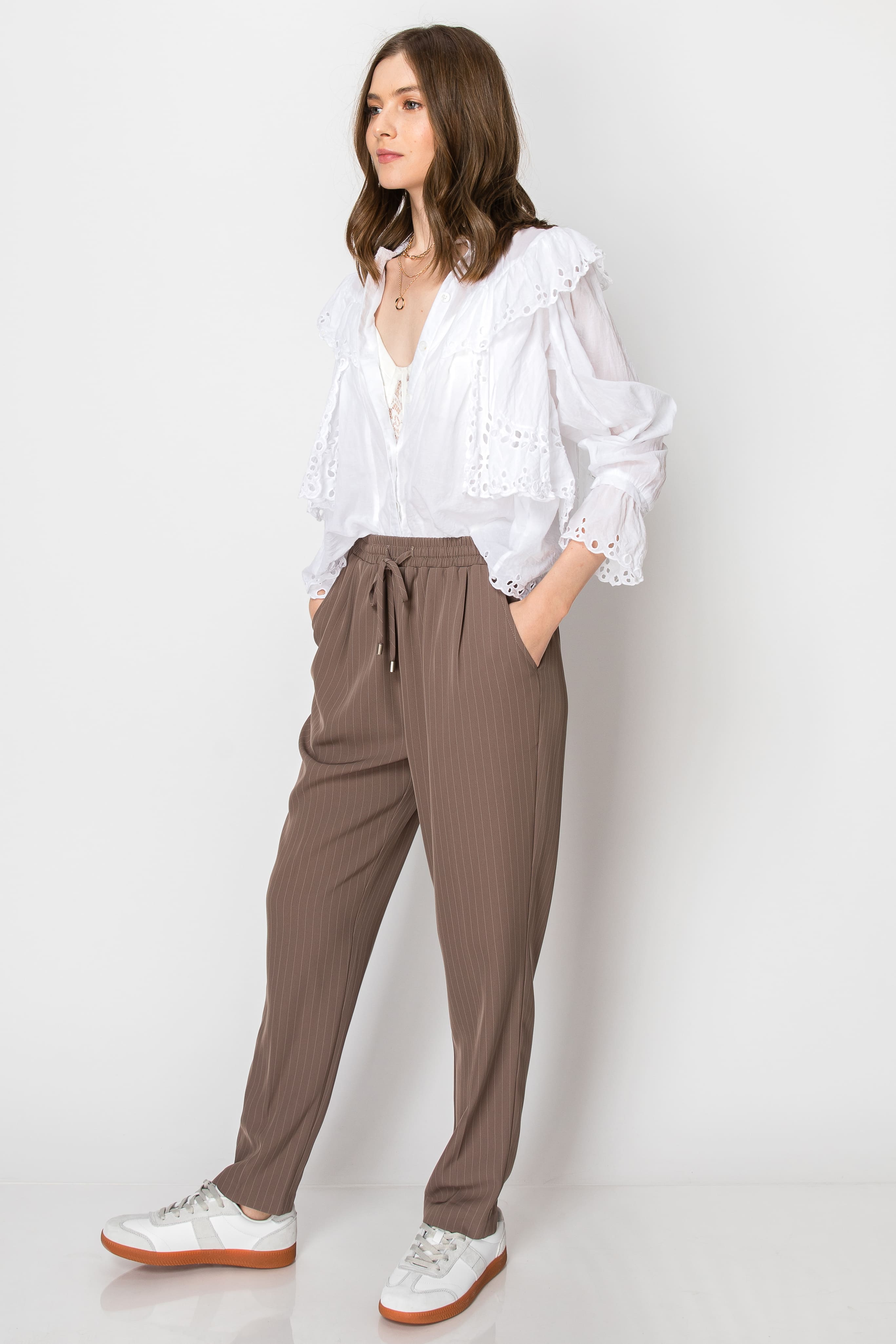 Beaded Drawstring Pinstripe Elastic Waist PANTS