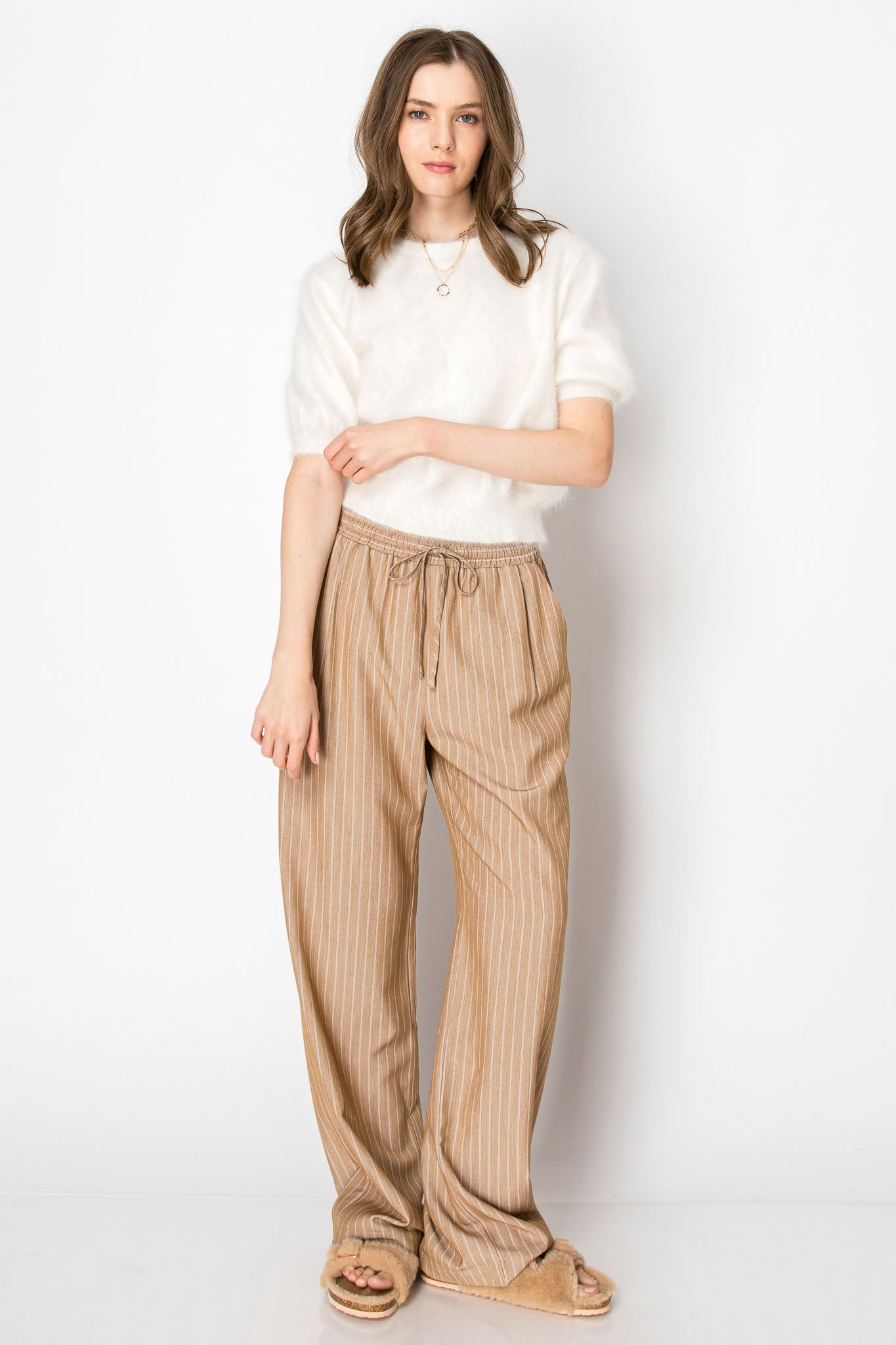 PIN STRIPE  DRAWSTRING ELASTIC WAISTBAND WIDE LEG OFFICE TROUSERS