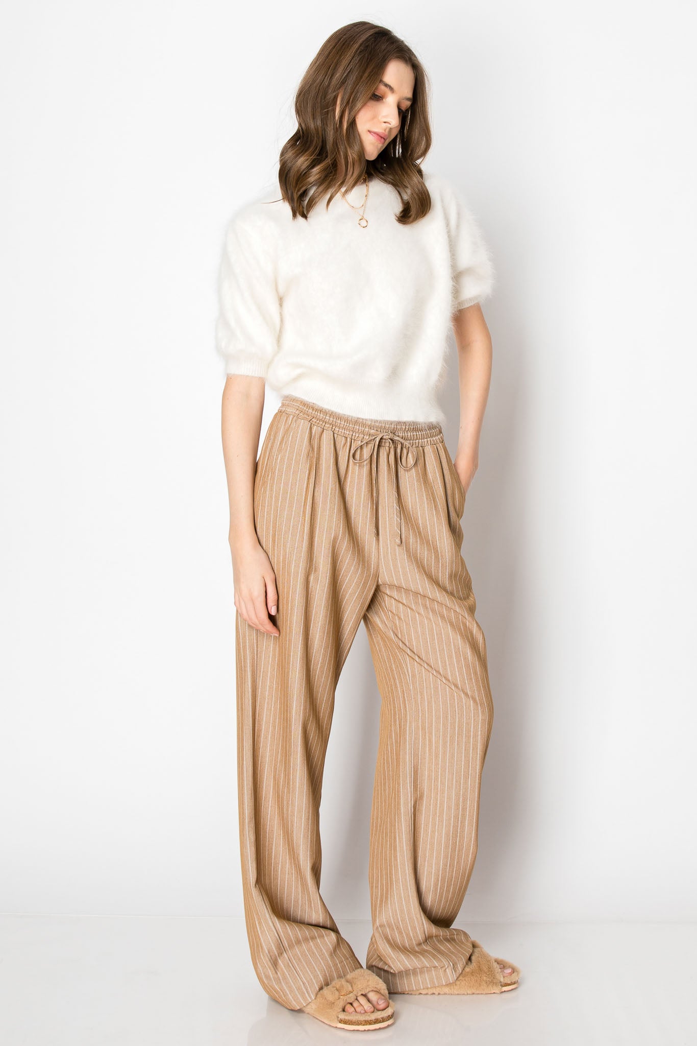 PIN STRIPE  DRAWSTRING ELASTIC WAISTBAND WIDE LEG OFFICE TROUSERS