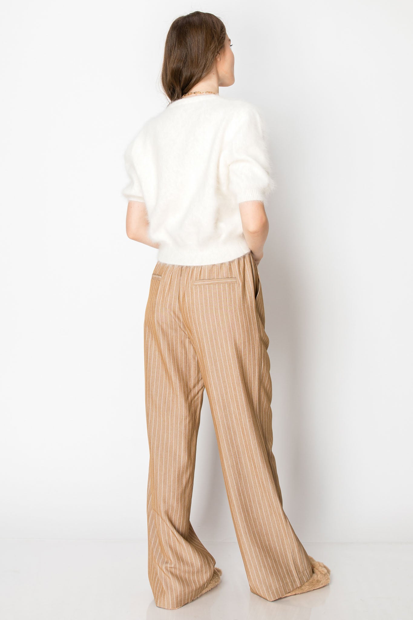 PIN STRIPE  DRAWSTRING ELASTIC WAISTBAND WIDE LEG OFFICE TROUSERS