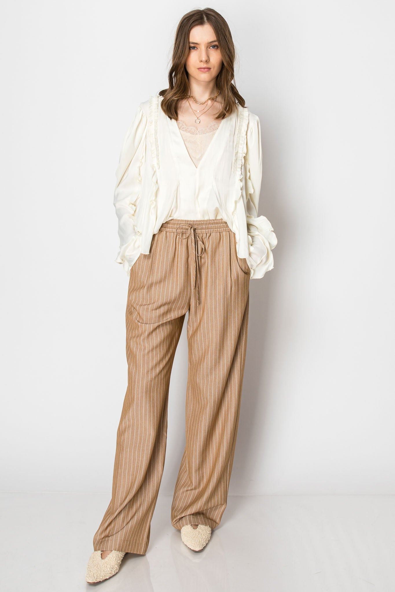 PIN STRIPE  DRAWSTRING ELASTIC WAISTBAND WIDE LEG OFFICE TROUSERS