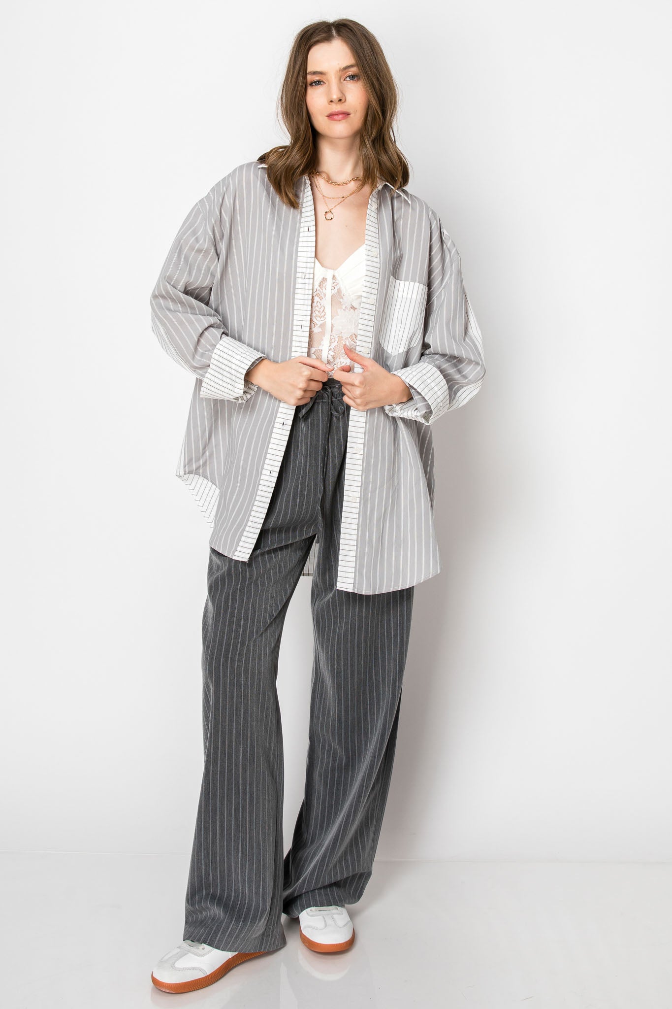 Pinstripe Drawstring Wide Leg Trouser PANTS
