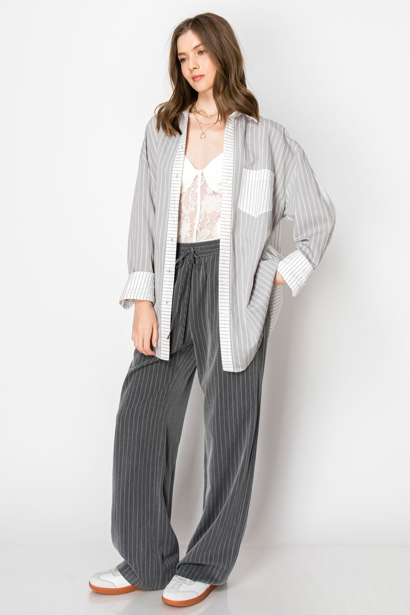 Pinstripe Drawstring Wide Leg Trouser PANTS
