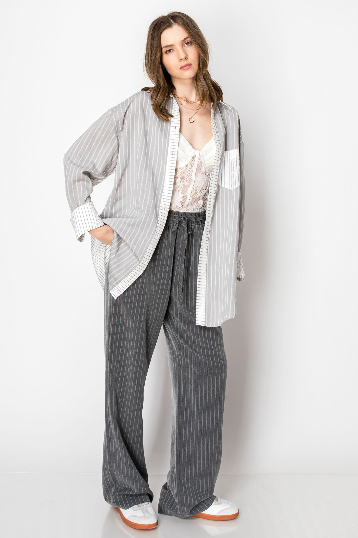Pinstripe Drawstring Wide Leg Trouser PANTS