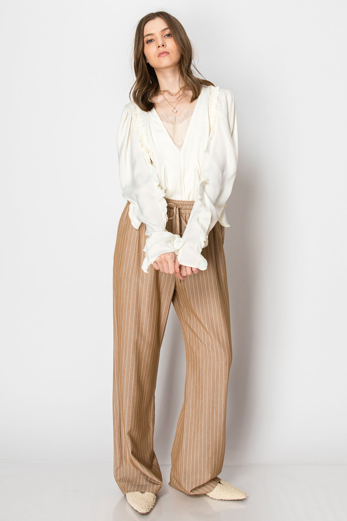 Pinstripe Drawstring Wide Leg Trouser PANTS