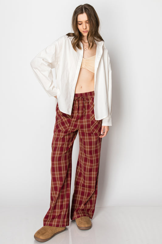 DRAW STRING PLAID WIDE LEG PANTS WITH POCKETS