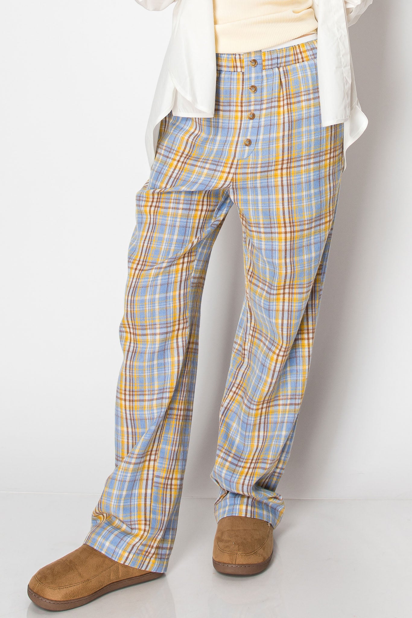 PLAID PAJAMA BOXER WIDE LEG LOUNGE PANTS